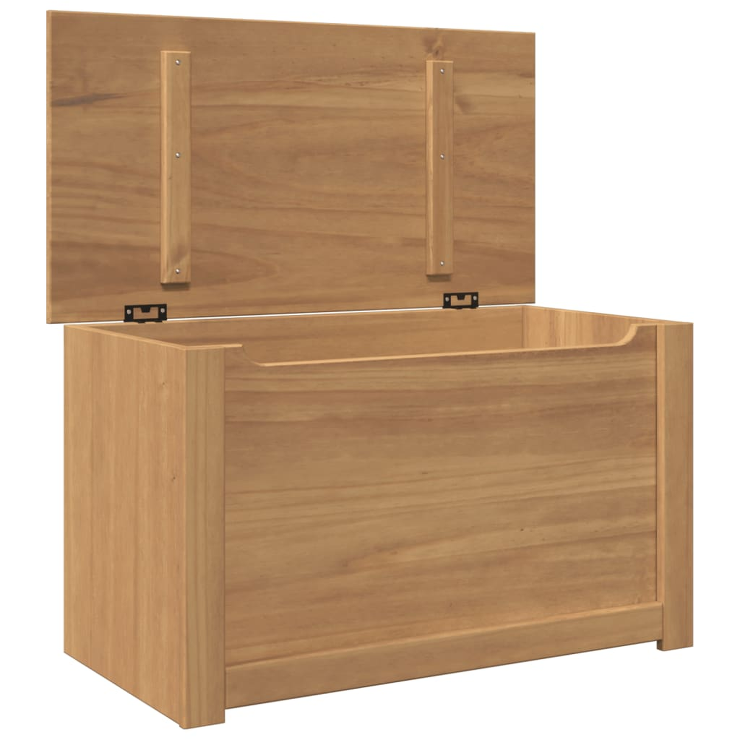 Holzaufbewahrungstruhe mit offenem Deckel. Die Truhe hat eine rechteckige Form.