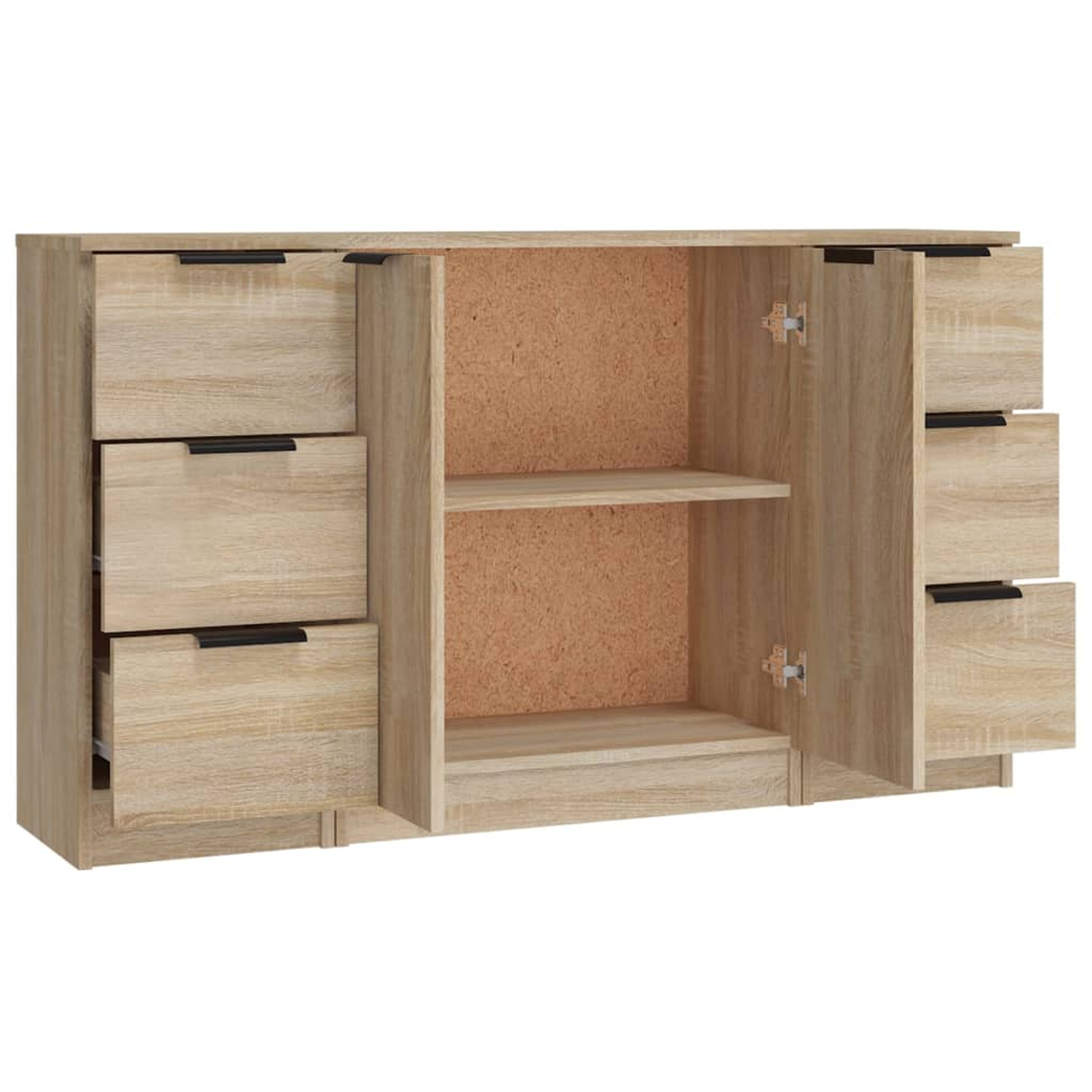 Offener Holzschrank mit mehreren Schubladen und Regalen. Helle Holzfarbe.