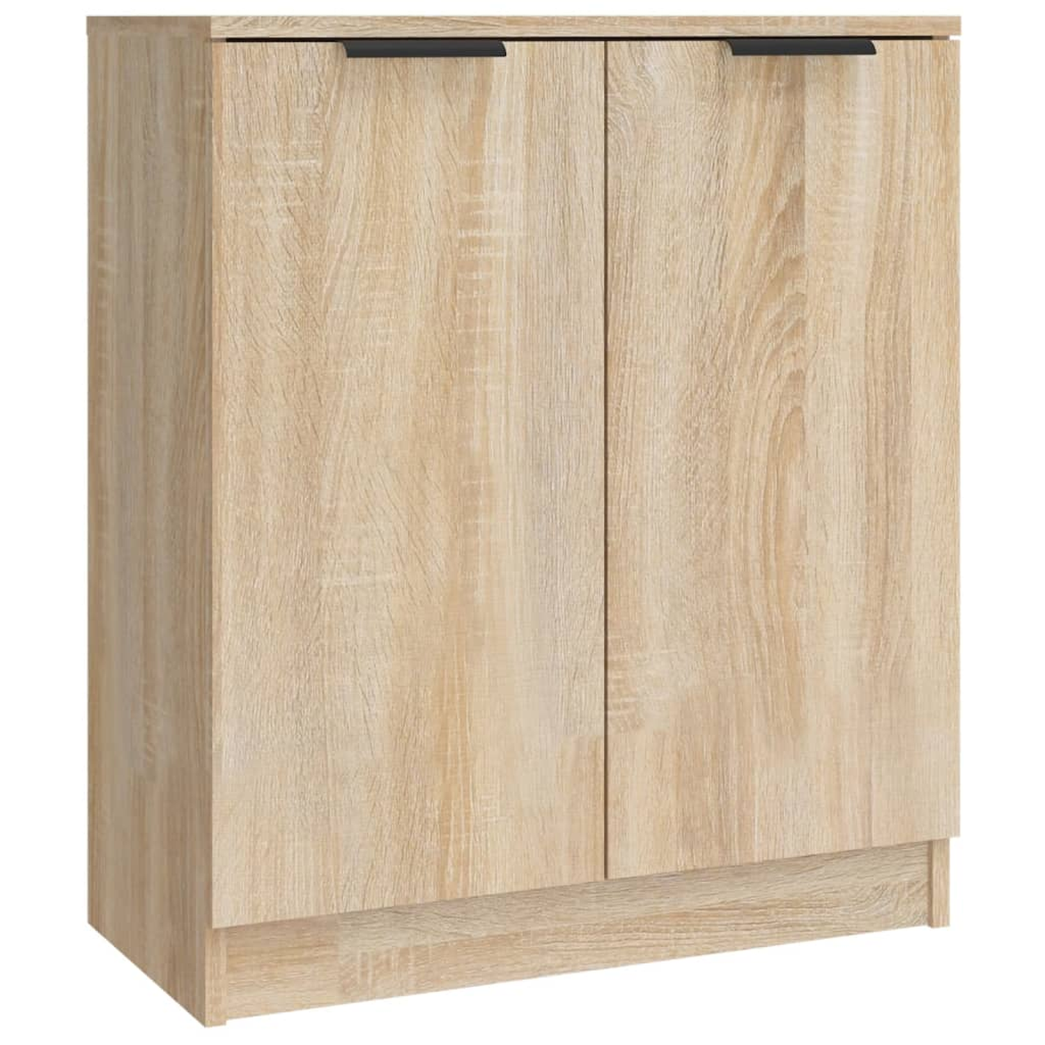 Holzschrank mit zwei Türen und schwarzen Griffen. Der Schrank hat eine helle Holzoberfläche.