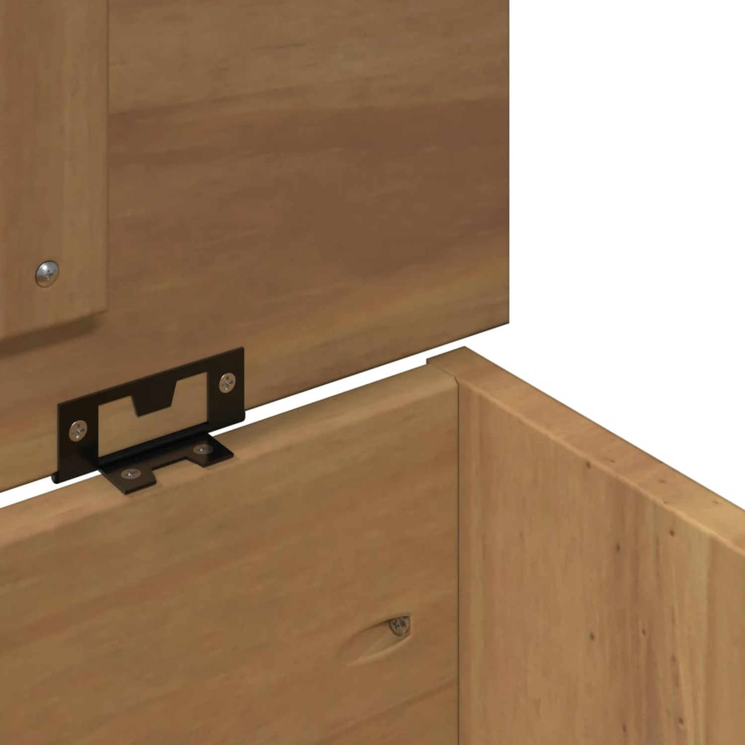 Nahaufnahme eines Holzscharniers mit Schrauben.