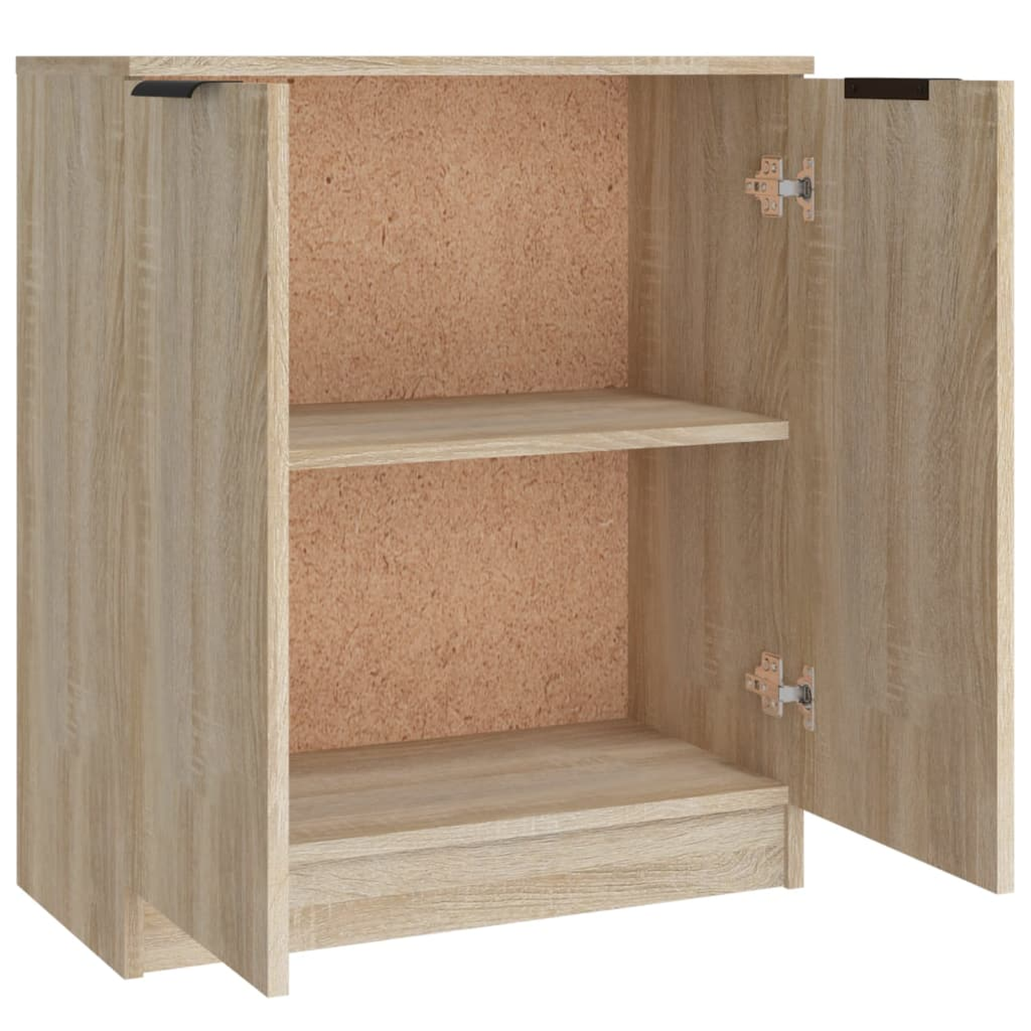 Nahaufnahme einer hölzernen Tischplatte mit hellem Holzrand, weißer Schrank.