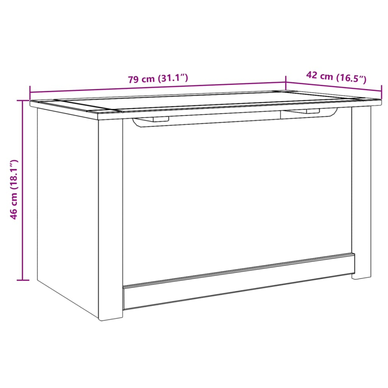Ein weißer Schrank mit Abmessungen. Oberseite ist 79 cm, Breite 42 cm, Höhe 46 cm.