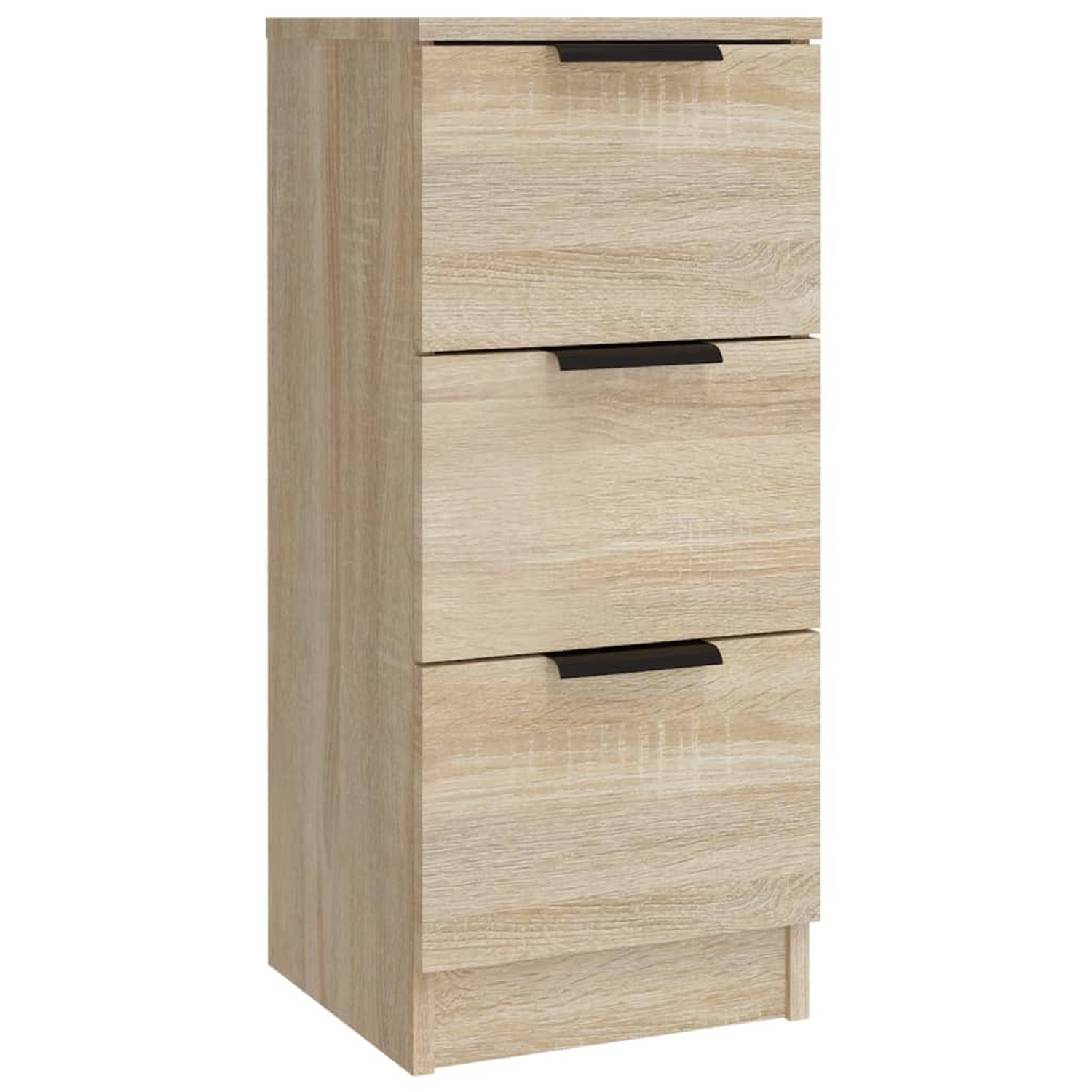 Ein helles Holzschränkchen mit drei Schubladen und schwarzen Griffen. Der Schrank hat ein schlichtes Design.