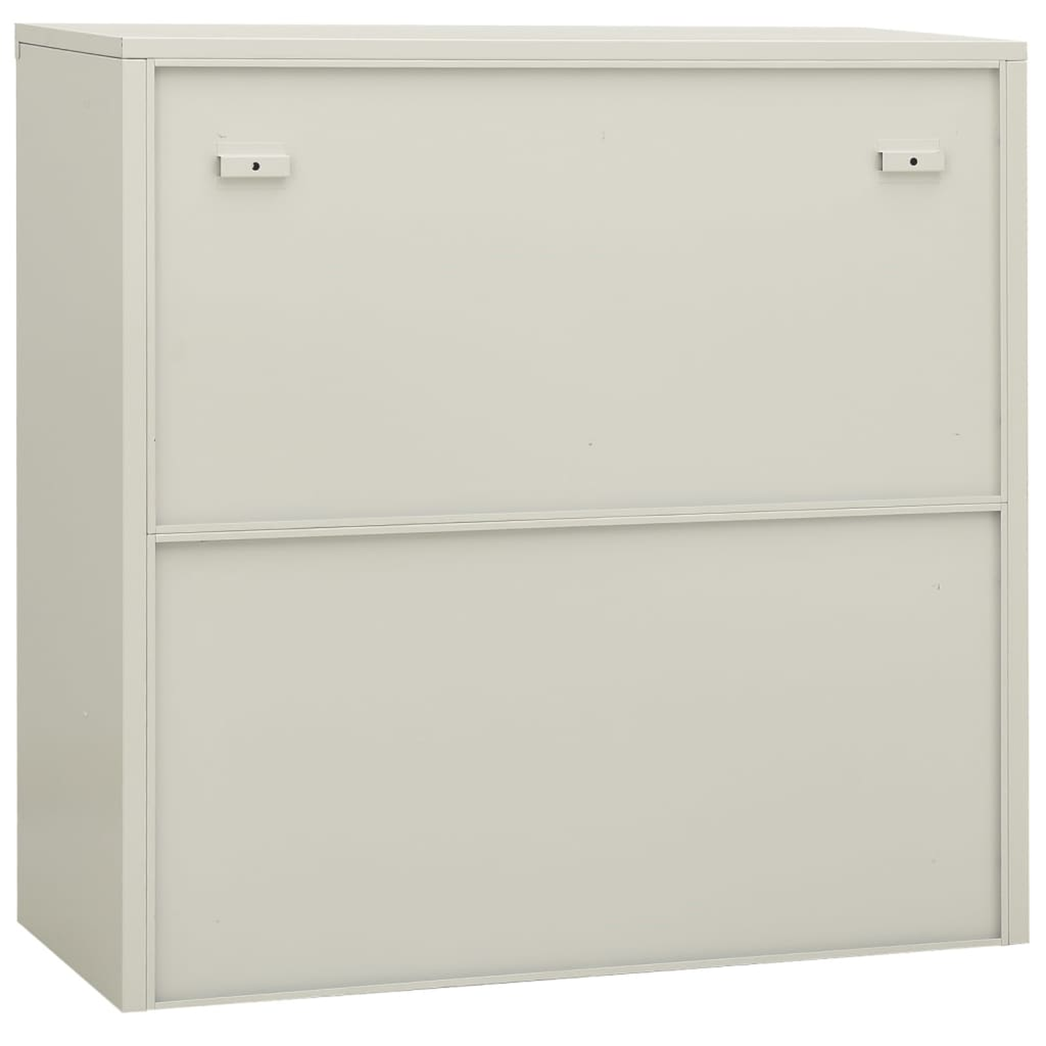 Weißer, an der Wand montierter Schrank mit zwei Türen und horizontalen Linien, weißer Hintergrund.