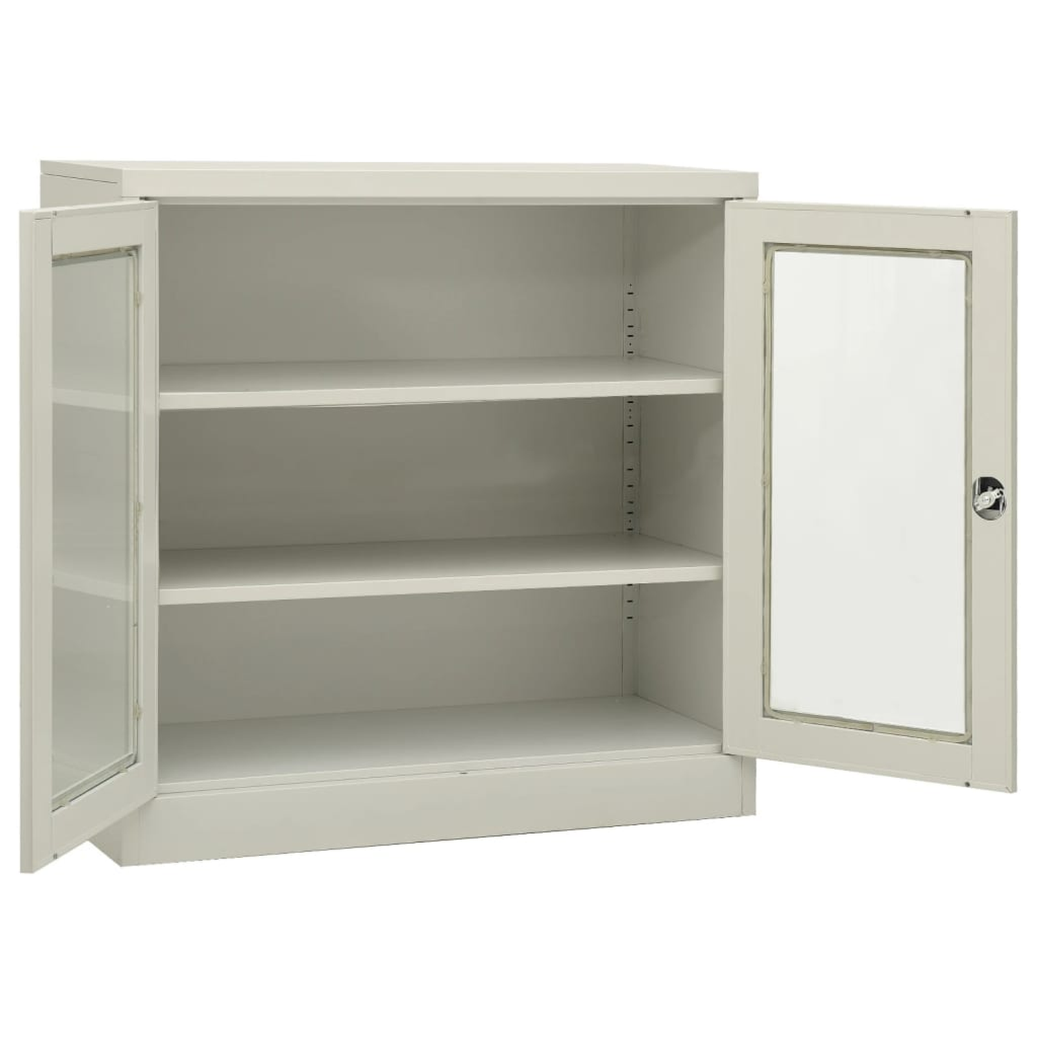 Weißer Schrank mit zwei geöffneten Glastüren, die Regale im Inneren zeigen, auf weißem Hintergrund.