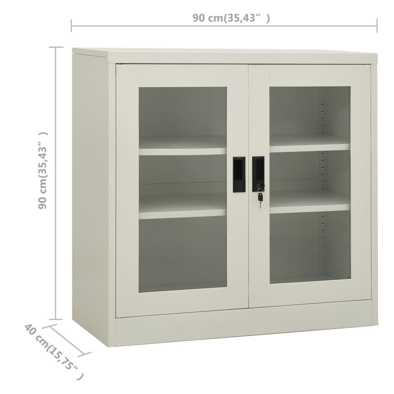Ein weißer Schrank mit Glastüren. Abmessungen sind angegeben. Der Schrank steht in einem Raum.