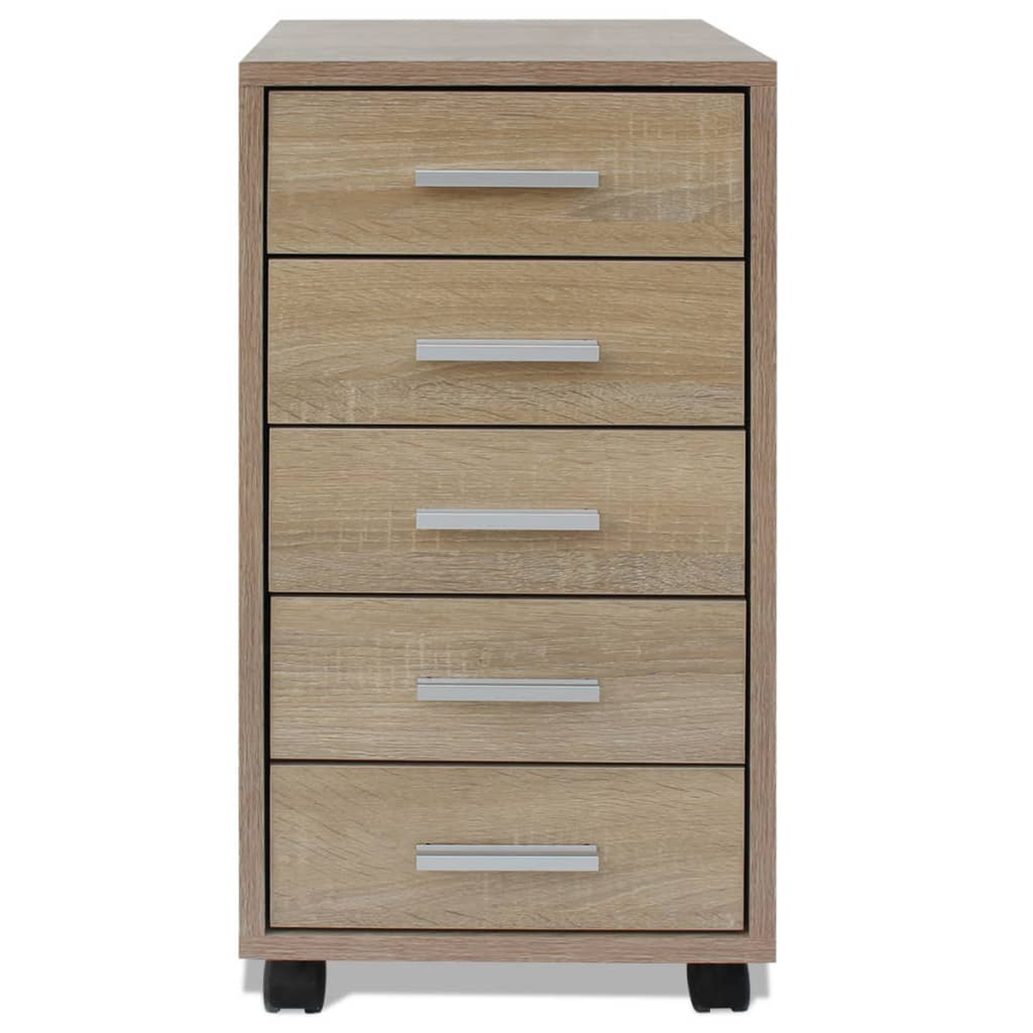 Ein Holzschrank mit fünf Schubladen, jede mit einem silbernen Griff, auf Rädern.
