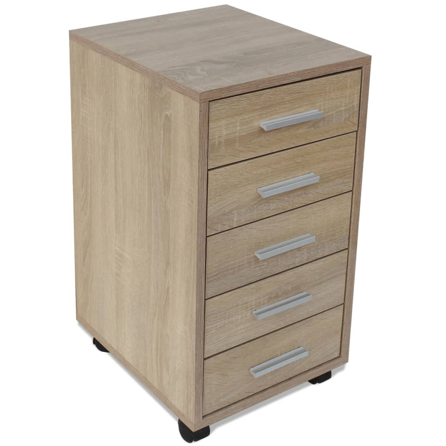 Hoher Holzschrank mit fünf Schubladen. Silberne Griffe. Räder sind schwarz.