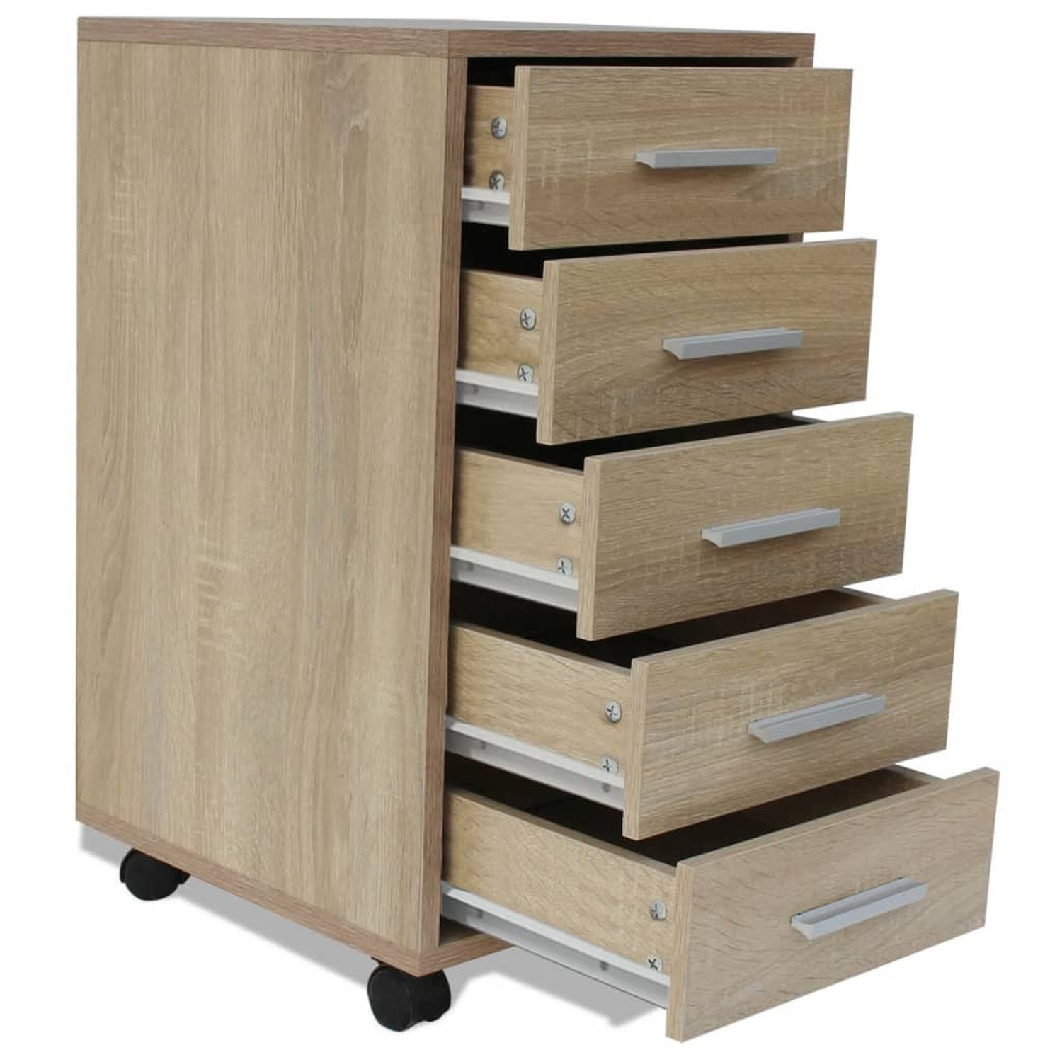 Holzschrank mit fünf Schubladen, jede teilweise geöffnet, auf schwarzen Rollen.