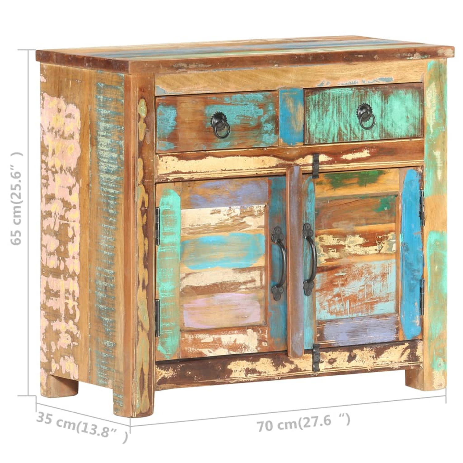 Holzschrank mit Schubladen und Türen. Mehrfarbiger, gealterter Look. Maße: 65x70x35cm.