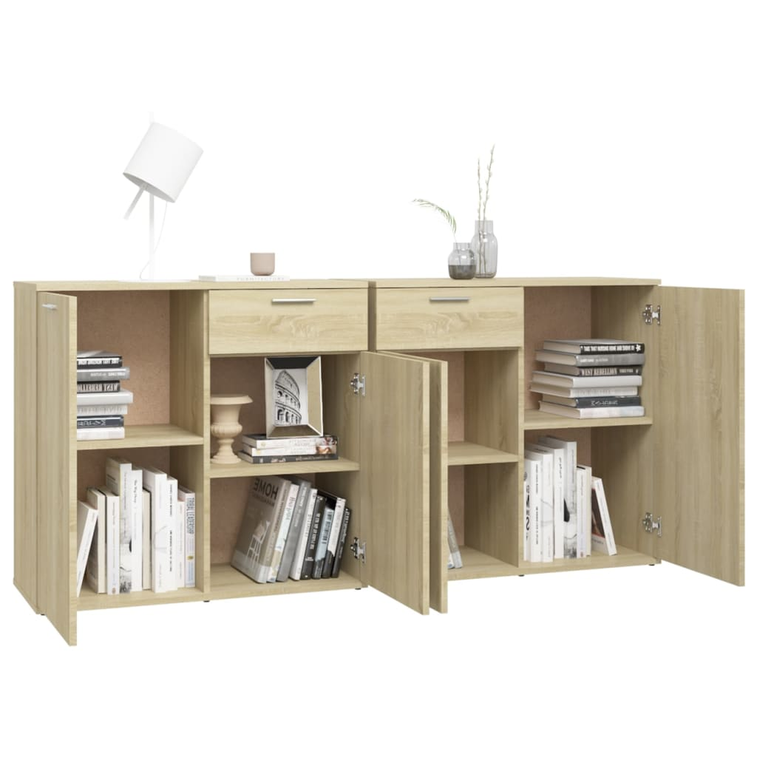 Holzschrank mit offenen Türen, zeigt Bücher, Dekoration und Schubladen.