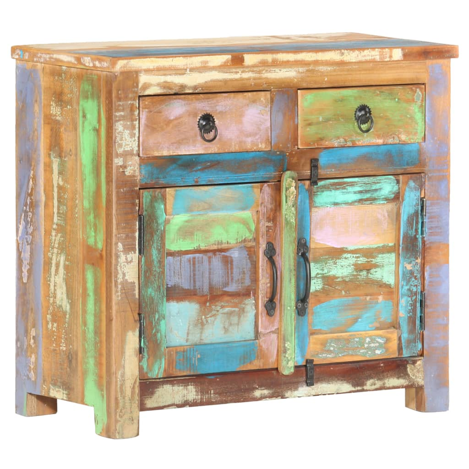 Ein rustikaler Holzschrank mit Schubladen und Türen, bemalt in verschiedenen Farben.
