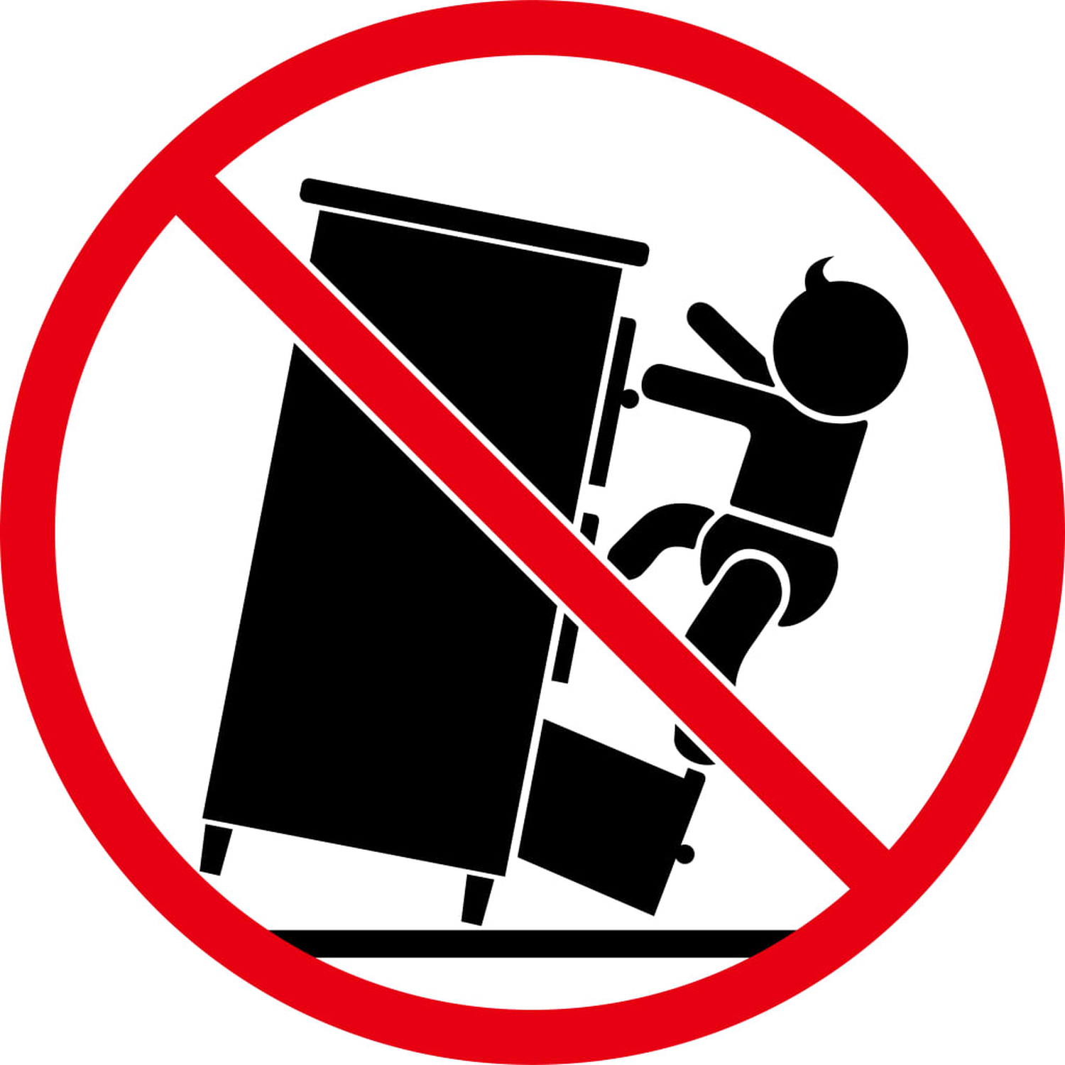 Warnschild: Roter Kreis mit Linie, ein kippender Schrank mit einem Baby, das daran hochklettert.