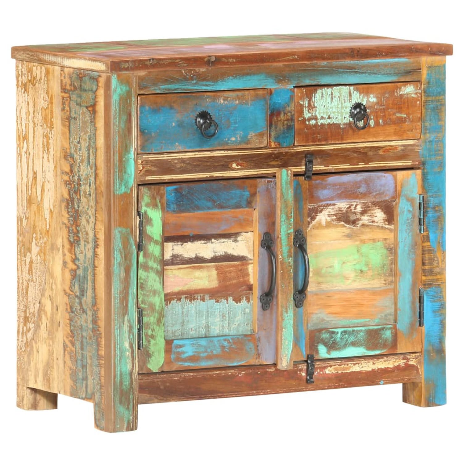 Rustikaler Holzschrank mit Schubladen und Türen. Verschiedene Farben, Used-Look, sichtbare Holzmaserung.