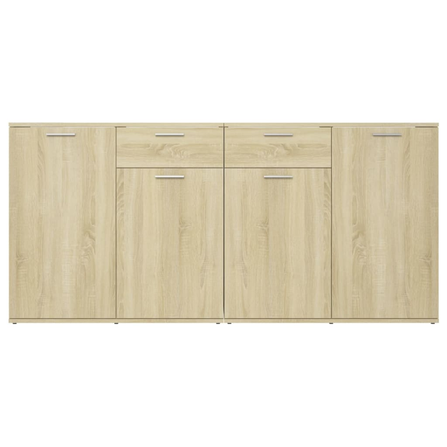 Holzschrank mit vier Türen und vier Schubladen mit silbernen Griffen.