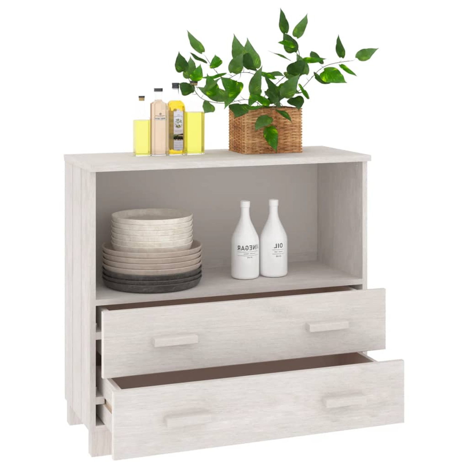 Holzschrank mit offenem Regal, Schubladen und Flaschen. Pflanze und Teller oben drauf.