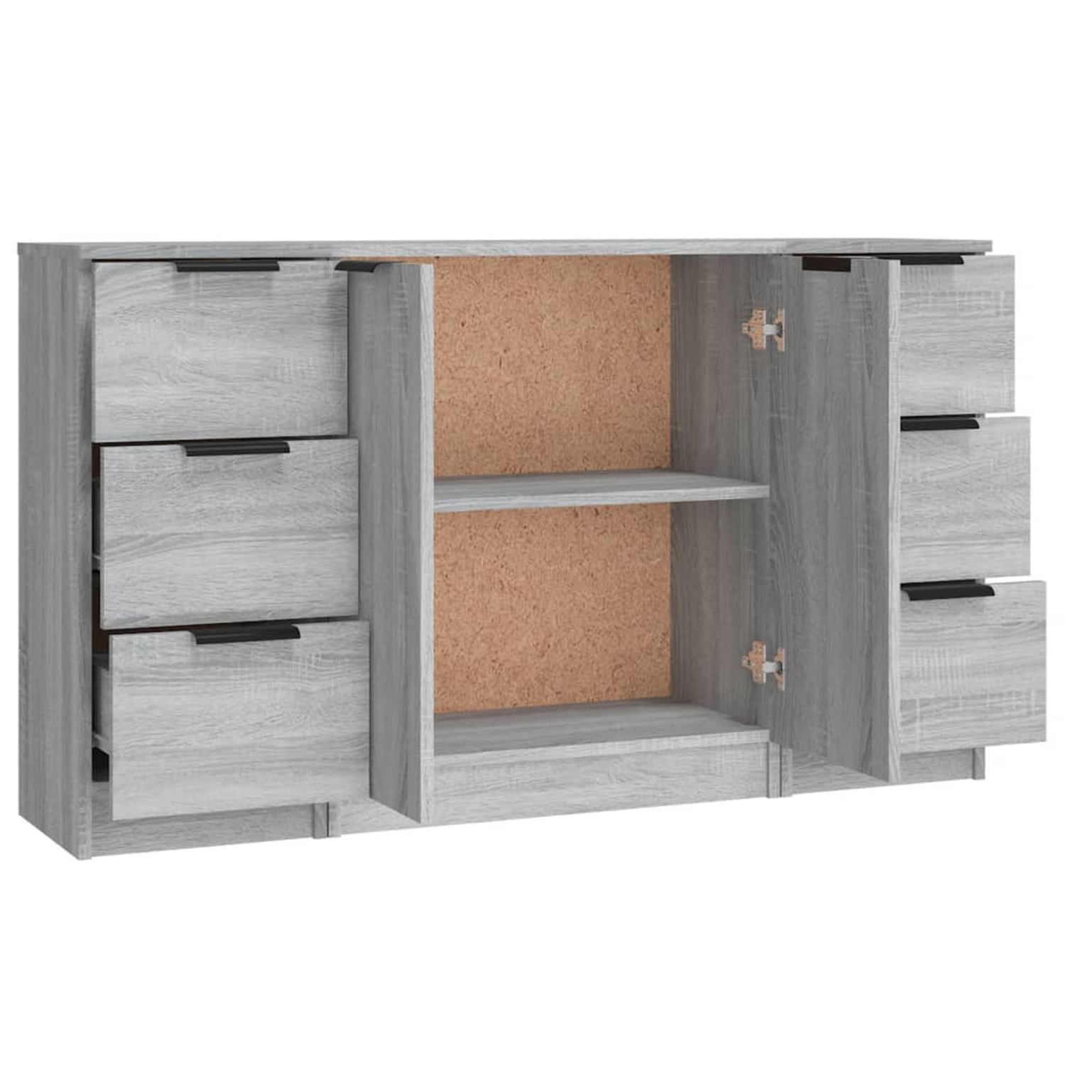 Ein grauer Schrank mit Schubladen und geöffneten Türen, zeigt Regale und Inhalt.