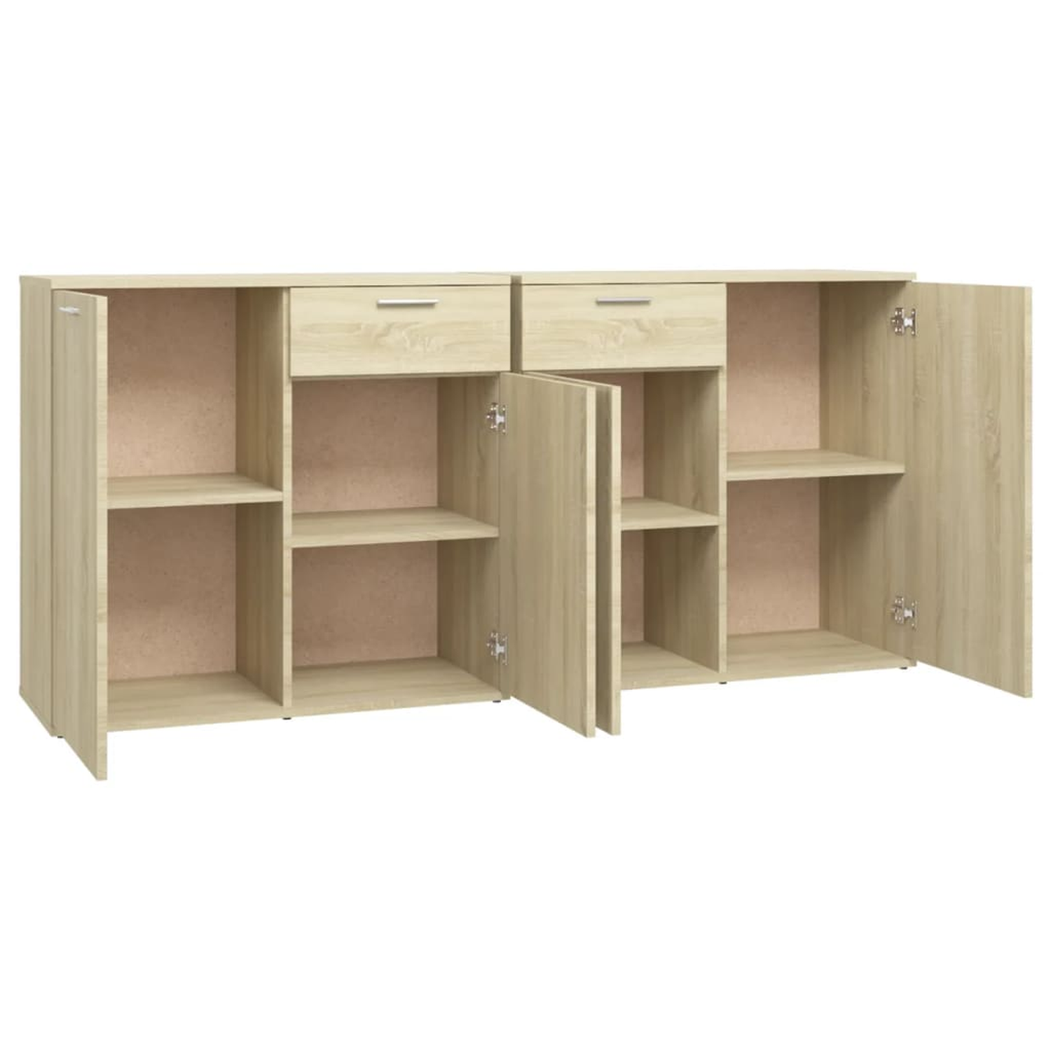 Eine Sideboard aus hellem Holz mit zwei Türen auf jeder Seite und zwei Schubladen in der Mitte.