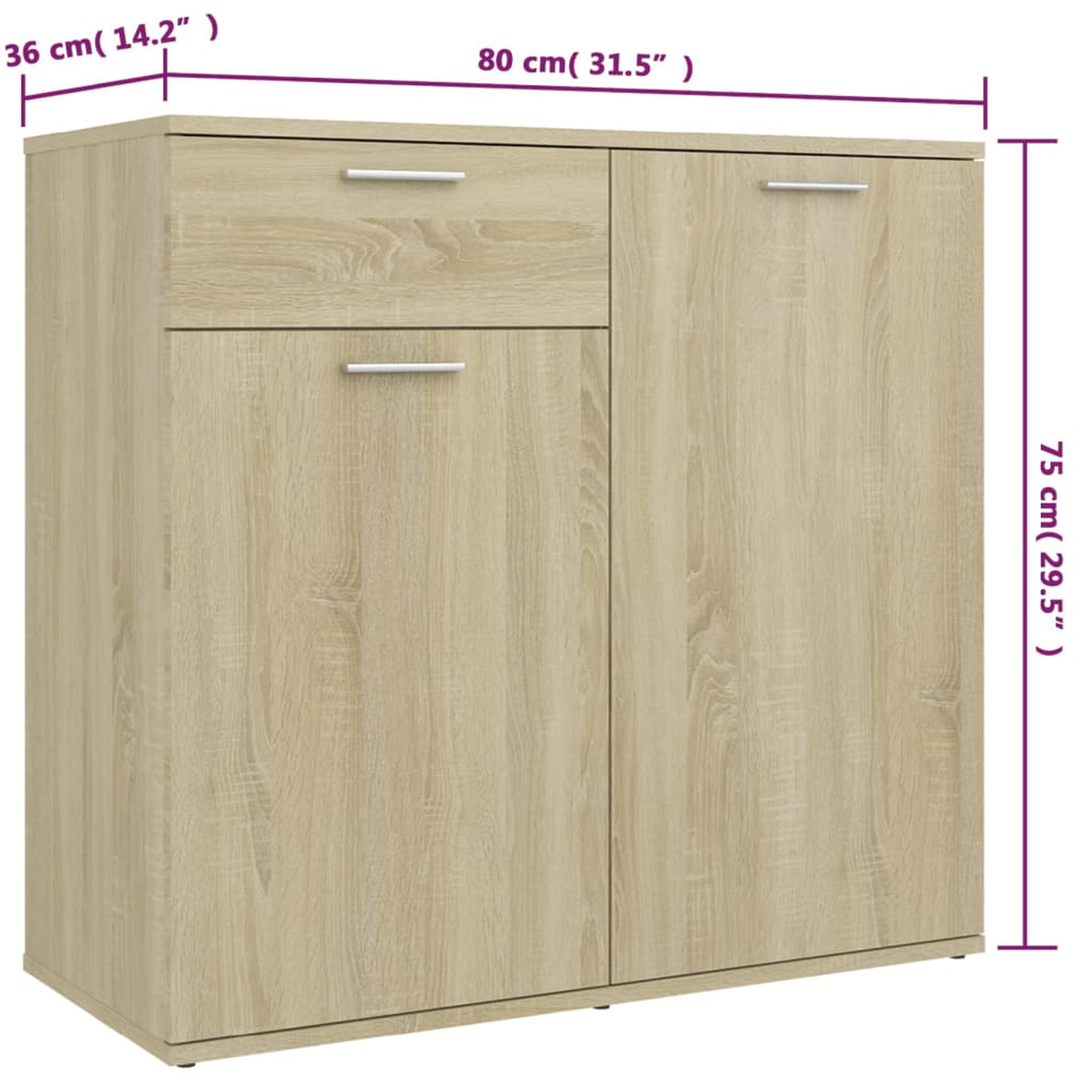 Ein helles Holzschrank mit Schubladen und Türen, mit angegebenen Abmessungen.