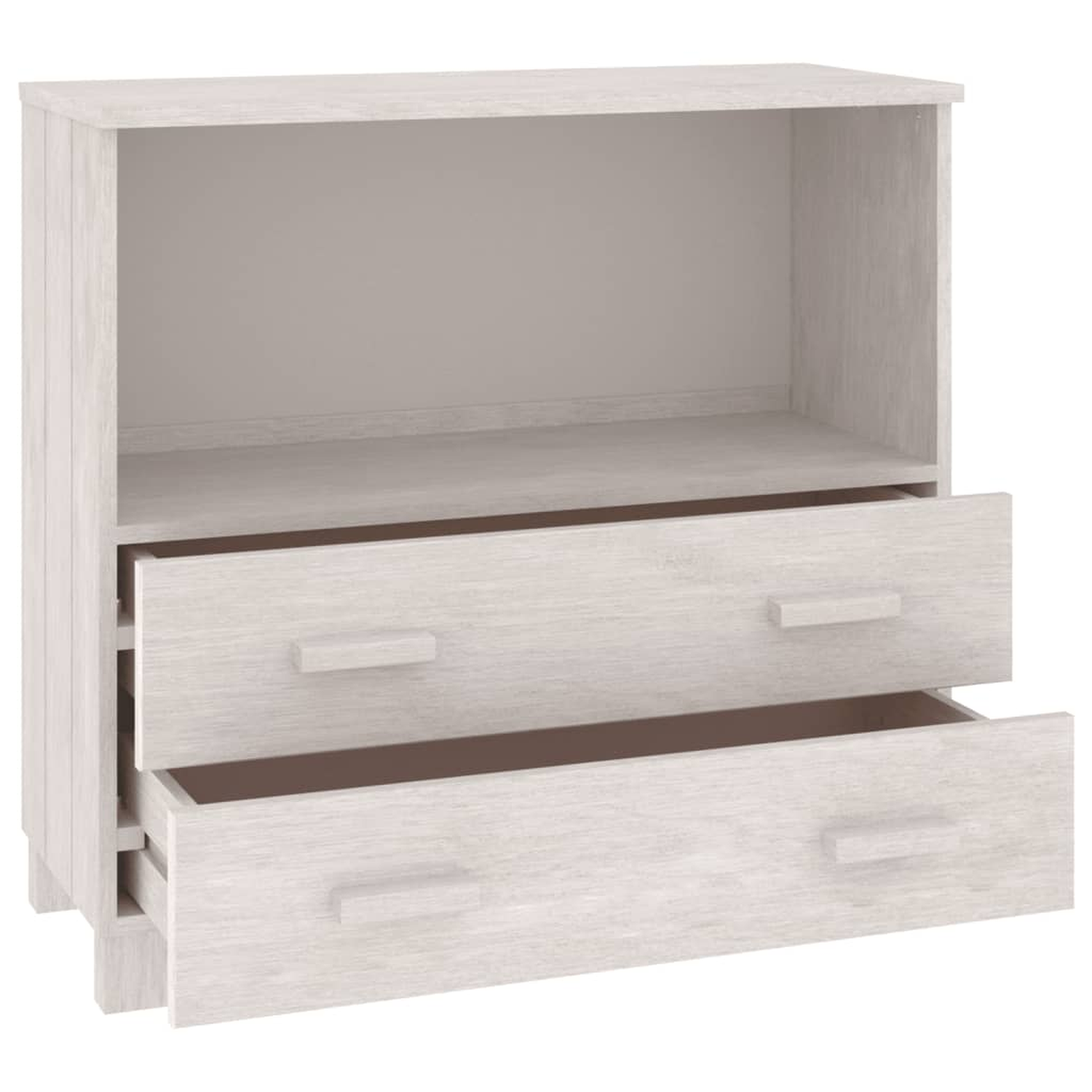 Ein hellfarbiger Holzschrank mit zwei geöffneten Schubladen und einem Regal. Die Oberseite ist offen.