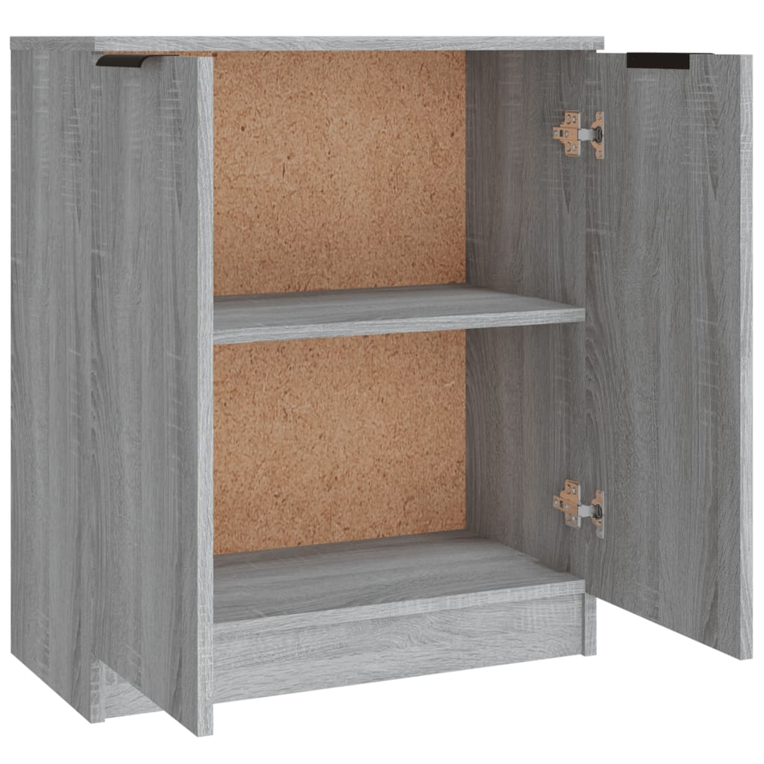 Grauer Schrank mit offenen Türen, Regalen und Kork-Innenraum.