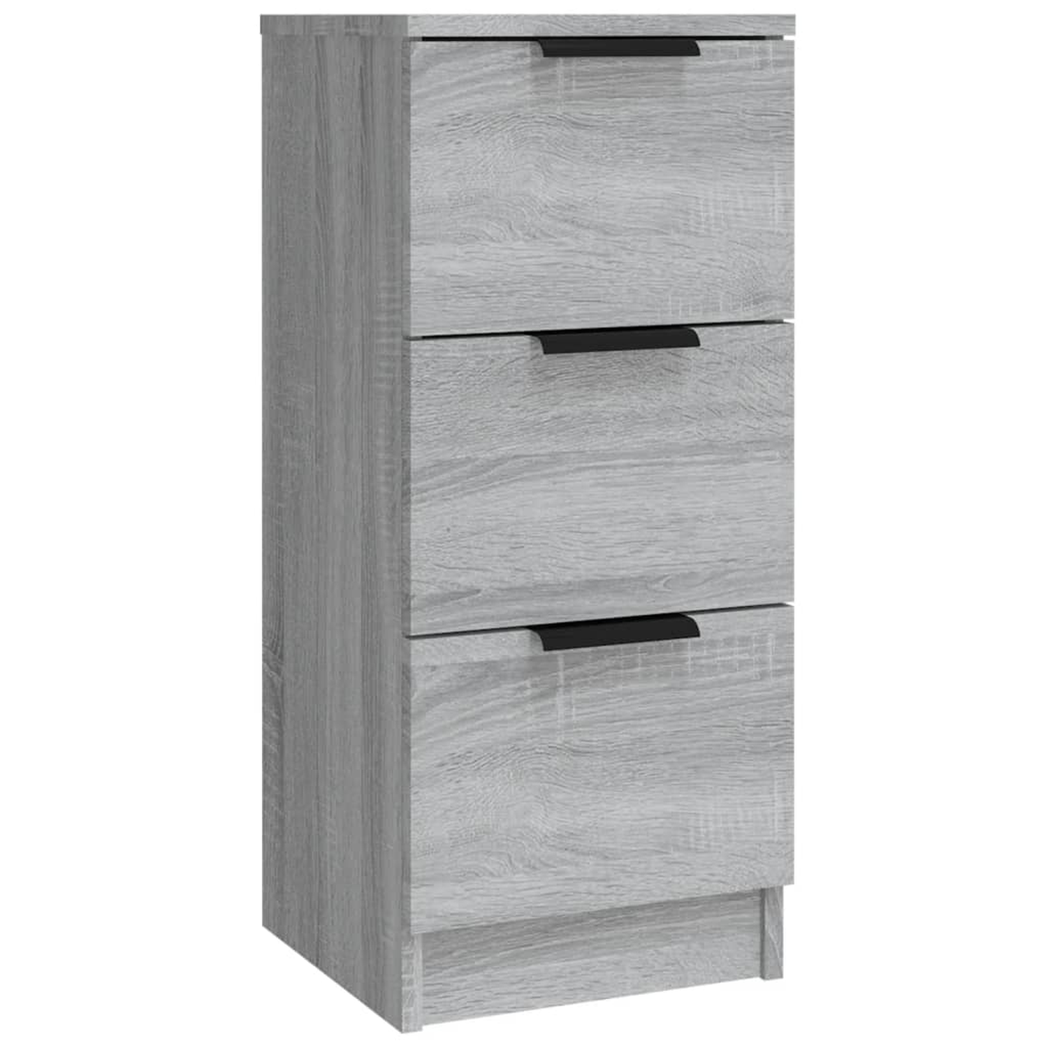 Ein hoher Schrank mit drei Schubladen. Die Schubladen sind hellgrau mit schwarzen Griffen.