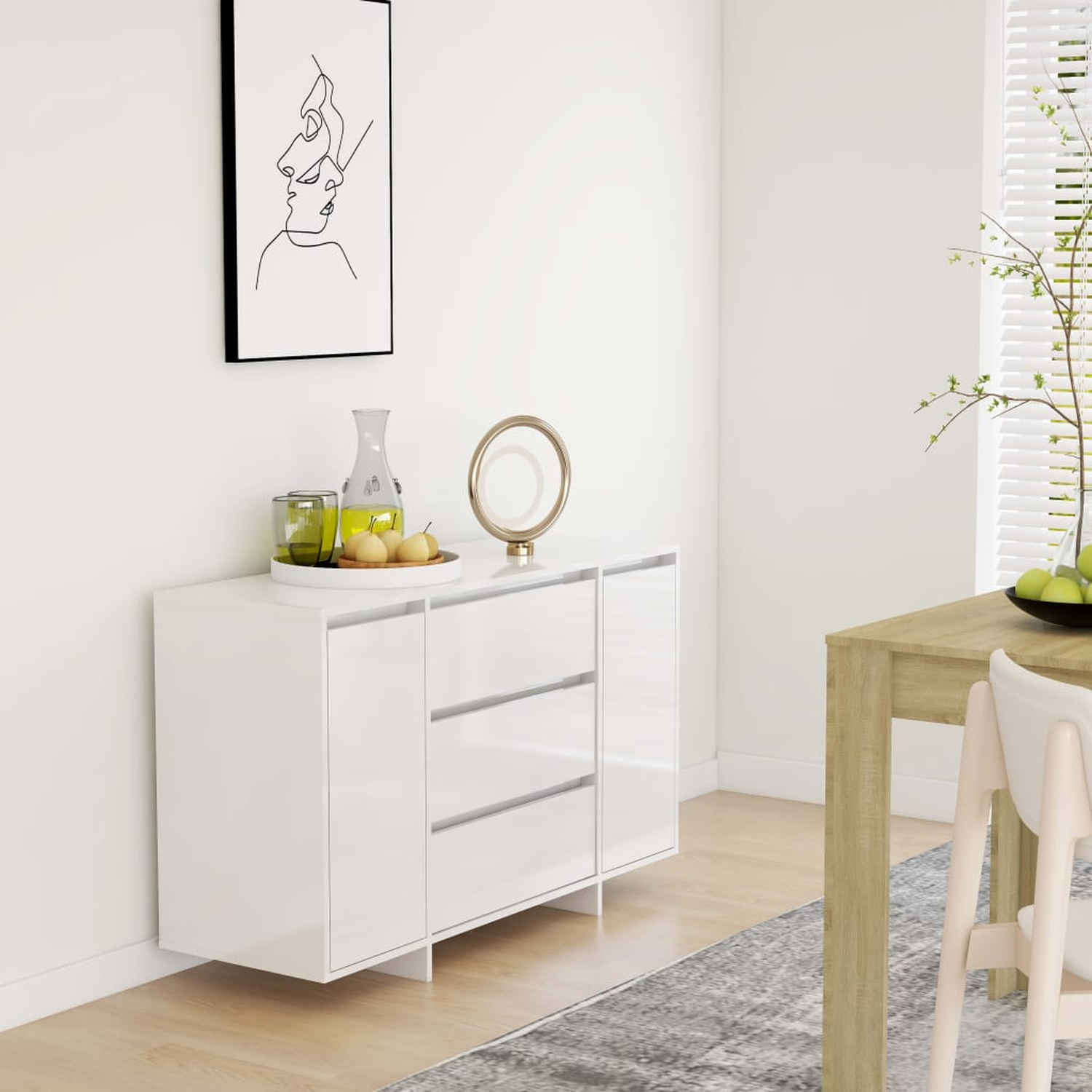 Ein weißes, schwebendes Schrank mit Schubladen, Kunst und Dekor in einem Raum mit Tisch und Stuhl.