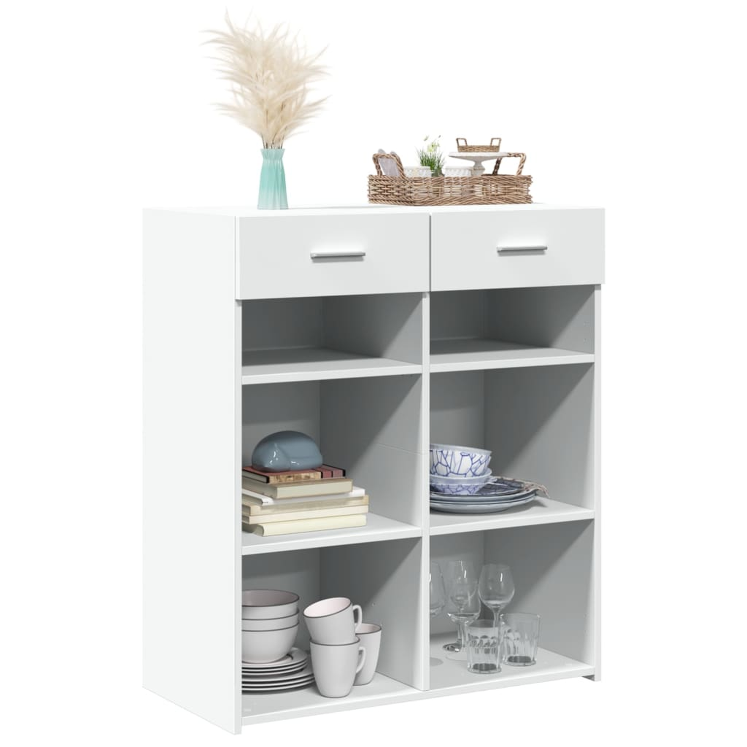 Weißer Schrank mit zwei Schubladen, Regalen mit Gegenständen und einer Vase oben, vor weißem Hintergrund.
