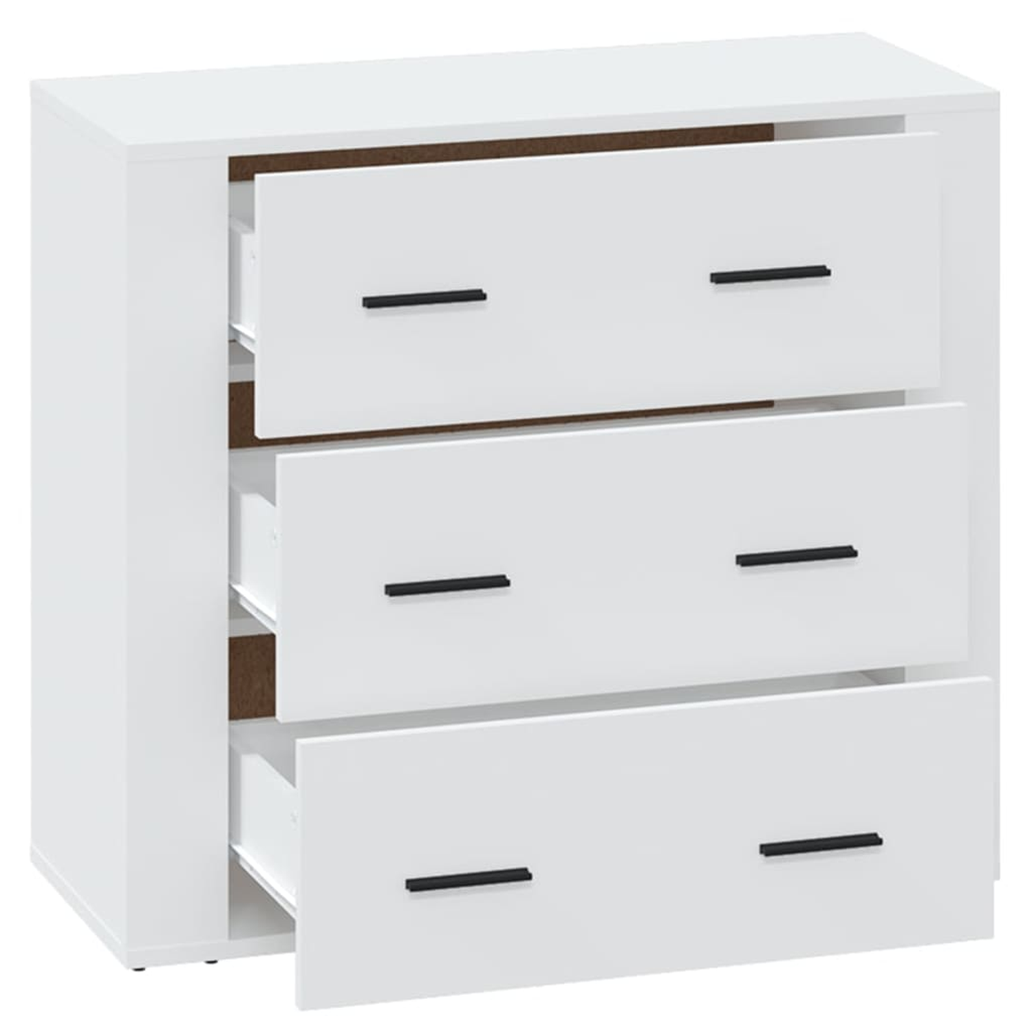 Weißer Schrank mit drei Schubladen, schwarzen Griffen. Obere Schublade offen, Innenraum sichtbar. Hintergrund: weiße Wand.