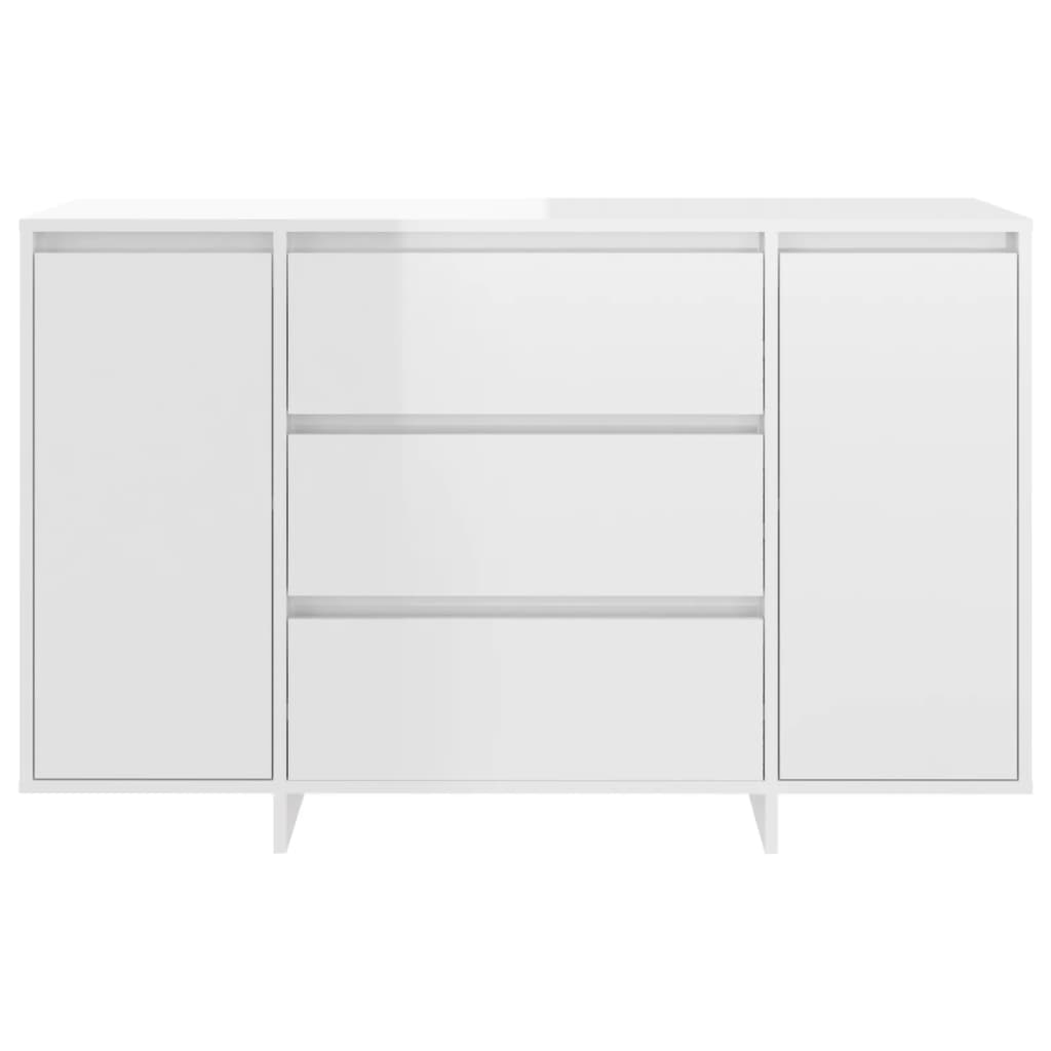 Weißes Sideboard mit drei Schubladen und zwei Seitentüren. Das Sideboard hat ein schlichtes, modernes Design.