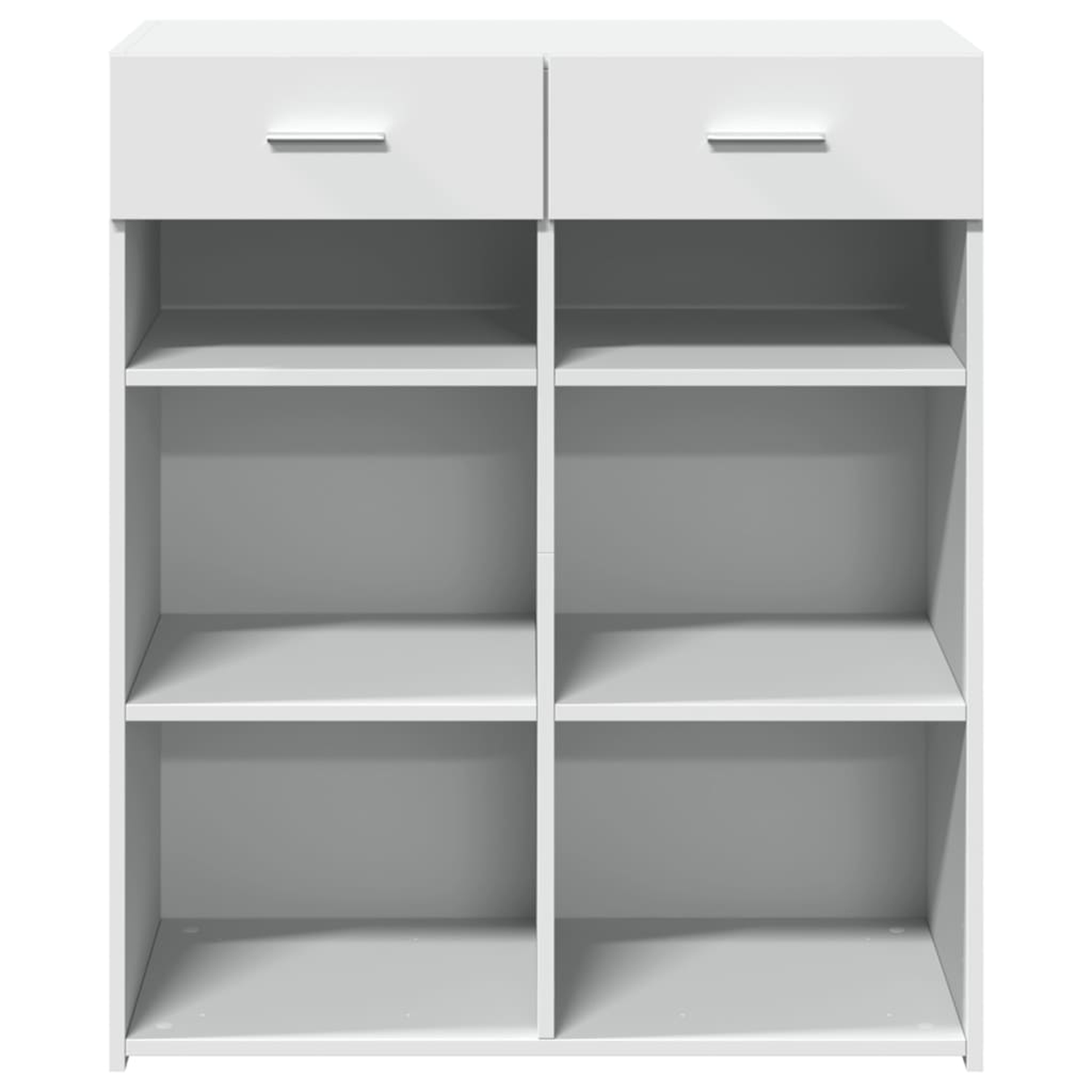 Ein weißer Schrank mit zwei Schubladen oben und Regalen unten, leer. Weißer Hintergrund.