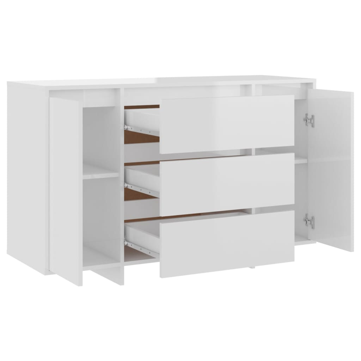 Ein weißer Schrank mit offenen Schubladen, der Schubladen und Regale zeigt.