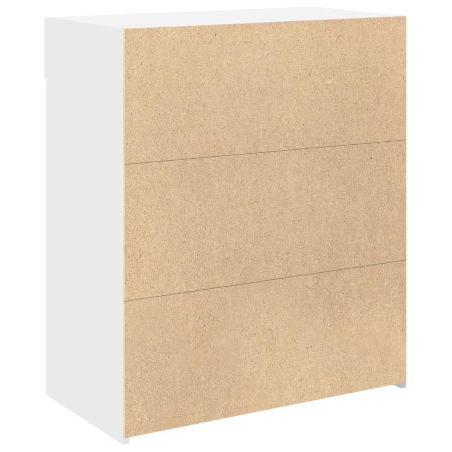 Weißer und brauner Schrank mit drei Schubladen. Die Schubladen haben eine Holzfront und eine weiße Seite.