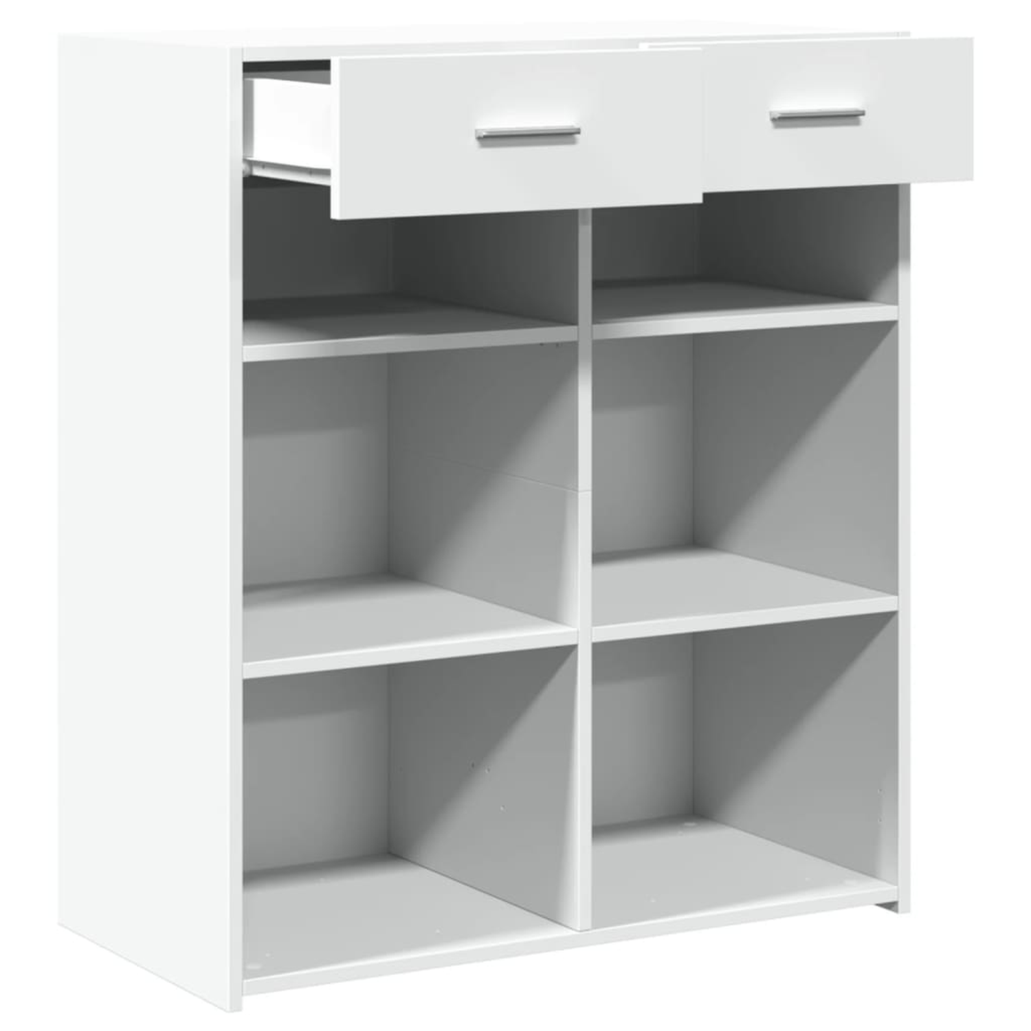 Weißer Schrank mit sechs Fächern, zwei Schubladen geöffnet. Der Schrank ist weiß mit Regalen innen.