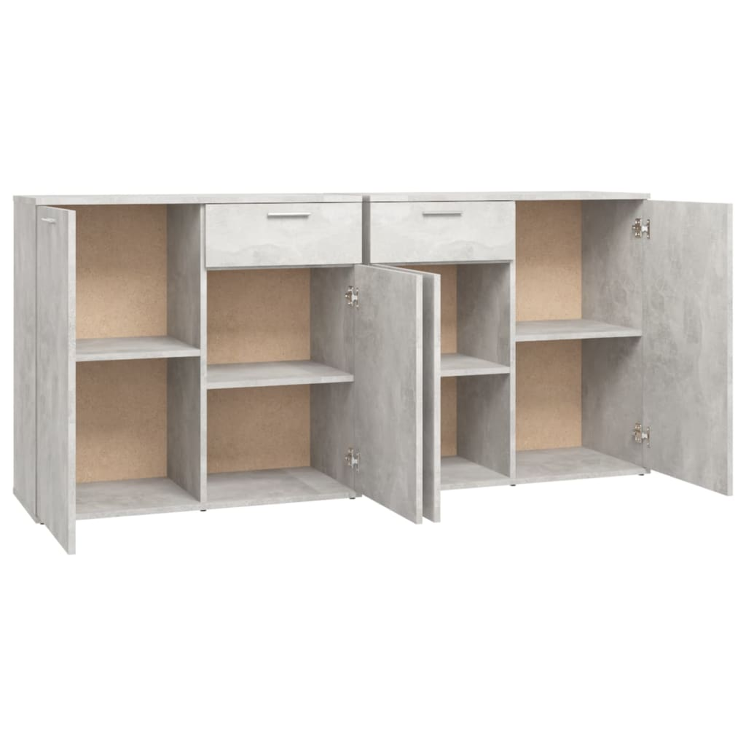 Grauer Schrank mit offenen Türen. Regale im Inneren. Die Türen und die Oberseite sind heller.