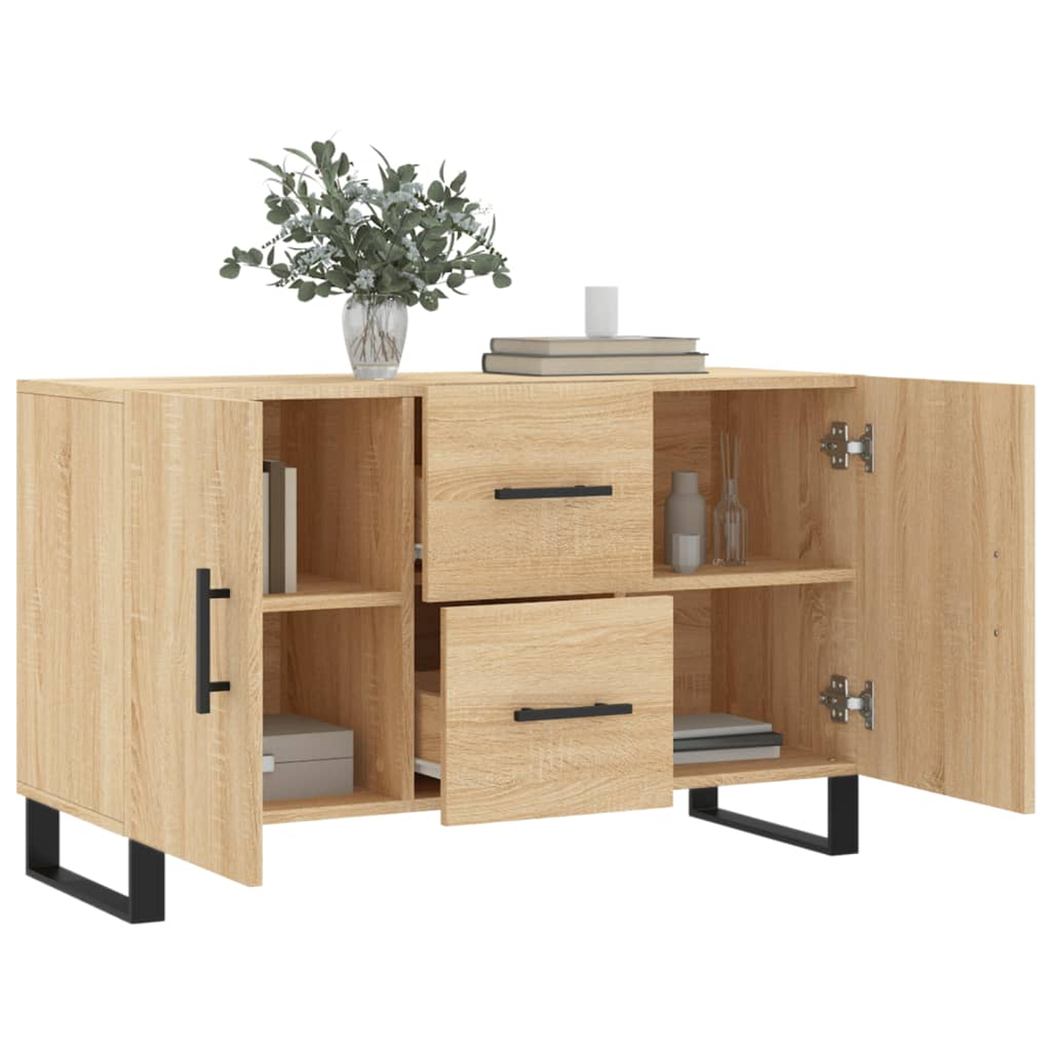 Holzschrank mit offenen Türen, schwarzen Griffen und Beinen, mit Dekoration oben.