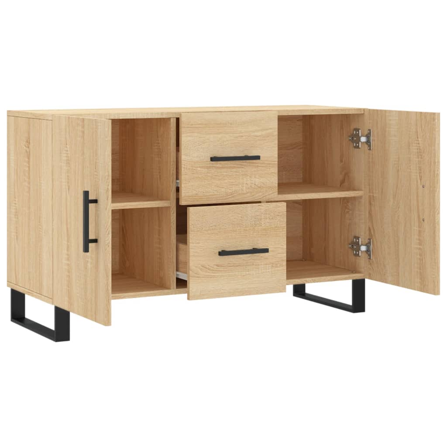 Sideboard aus Holz mit offenen Türen, die Regale und Schubladen freigeben. Schwarze Griffe und Beine.