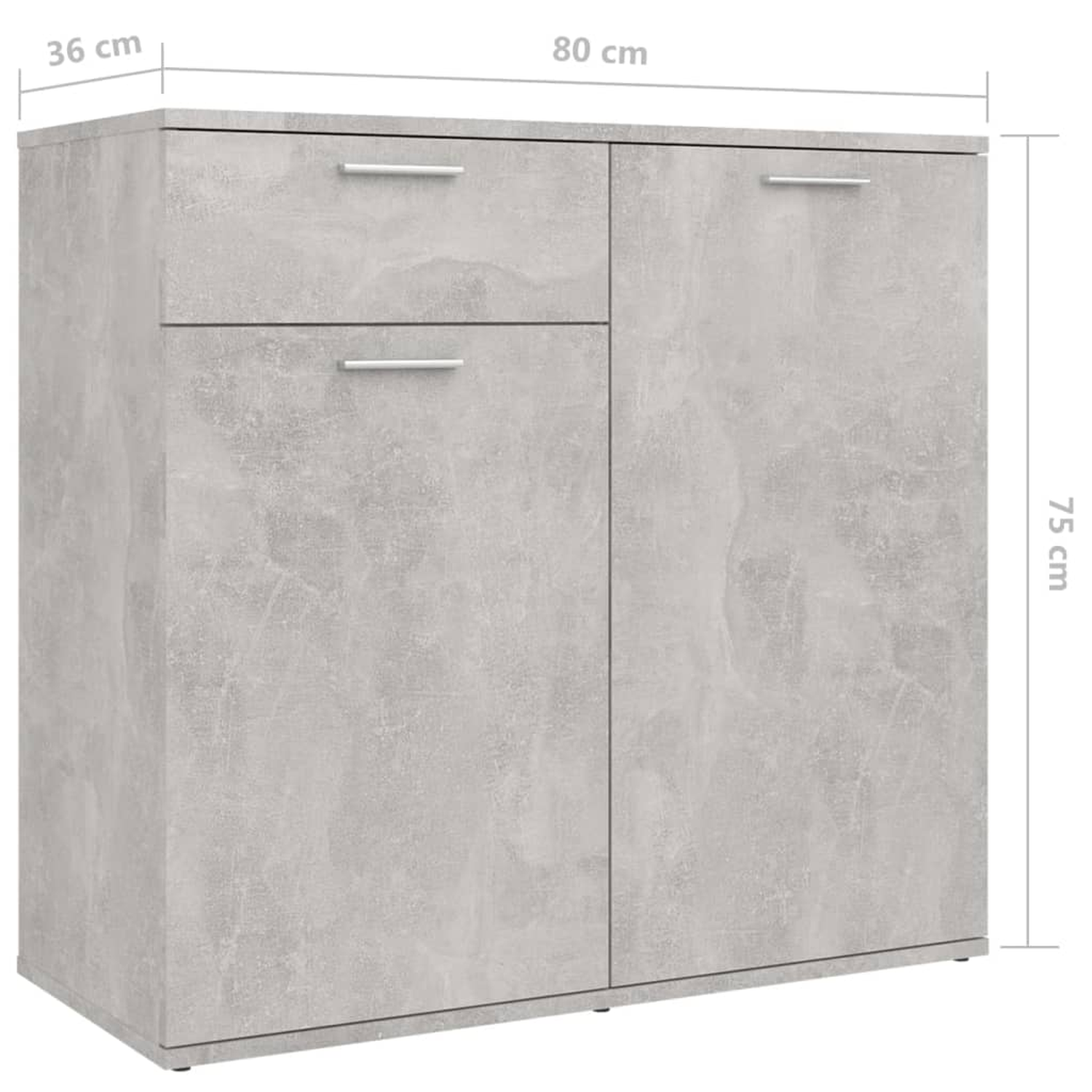 Grauer Schrank mit Schubladen und Türen. Maße: 36x80x75 cm, weißer Hintergrund.