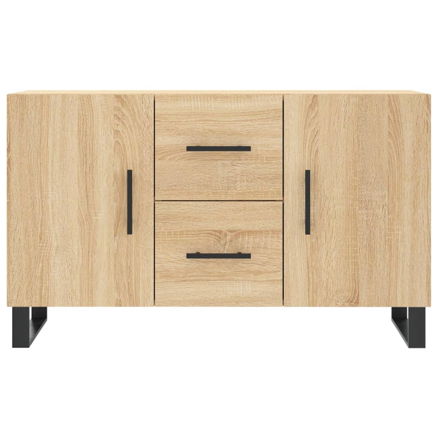 Holzschrank mit zwei Schubladen und zwei Türen mit Griffen.
