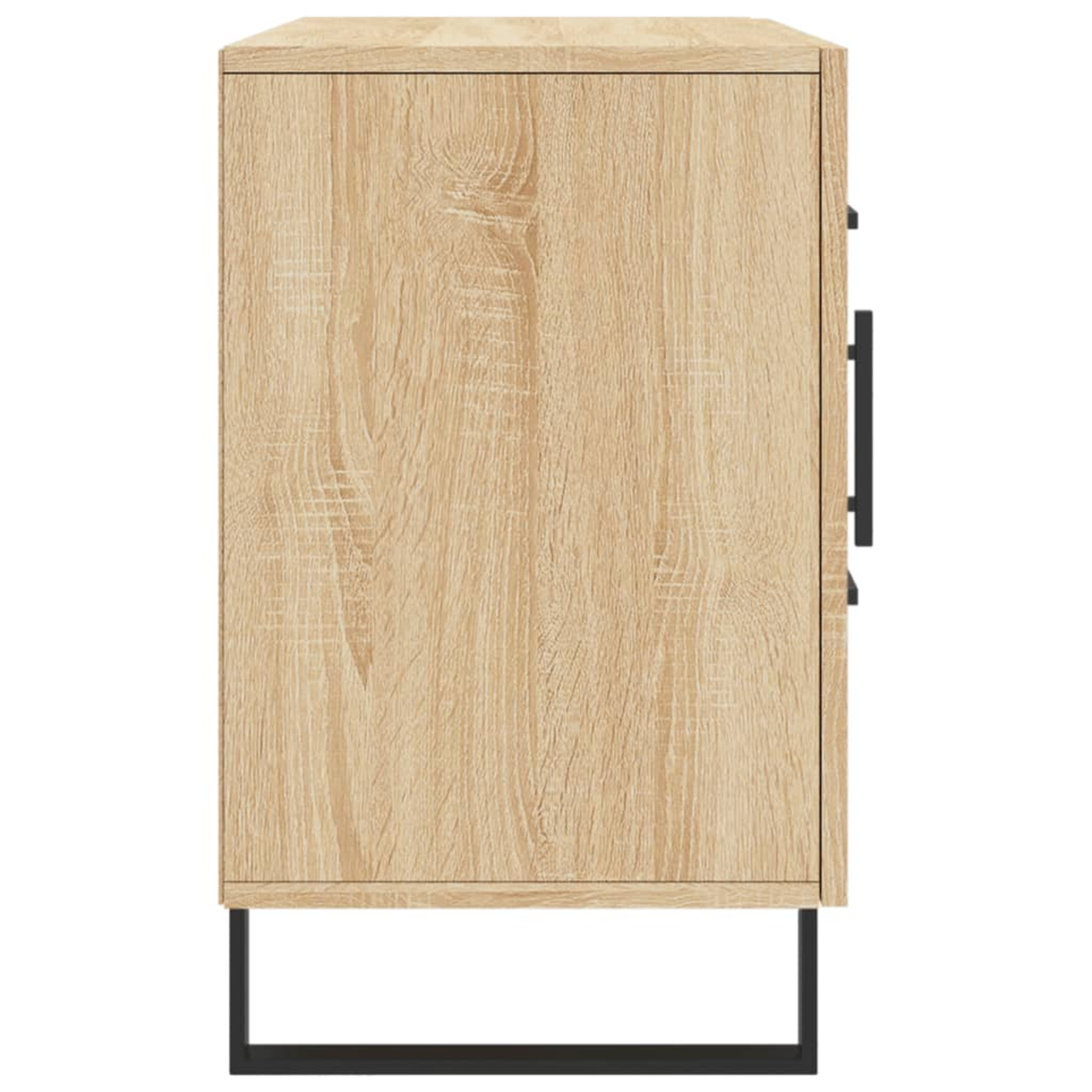 Seitenansicht eines hellbraunen Holzschranks mit schwarzen Metallbeinen und einem schwarzen Griff.