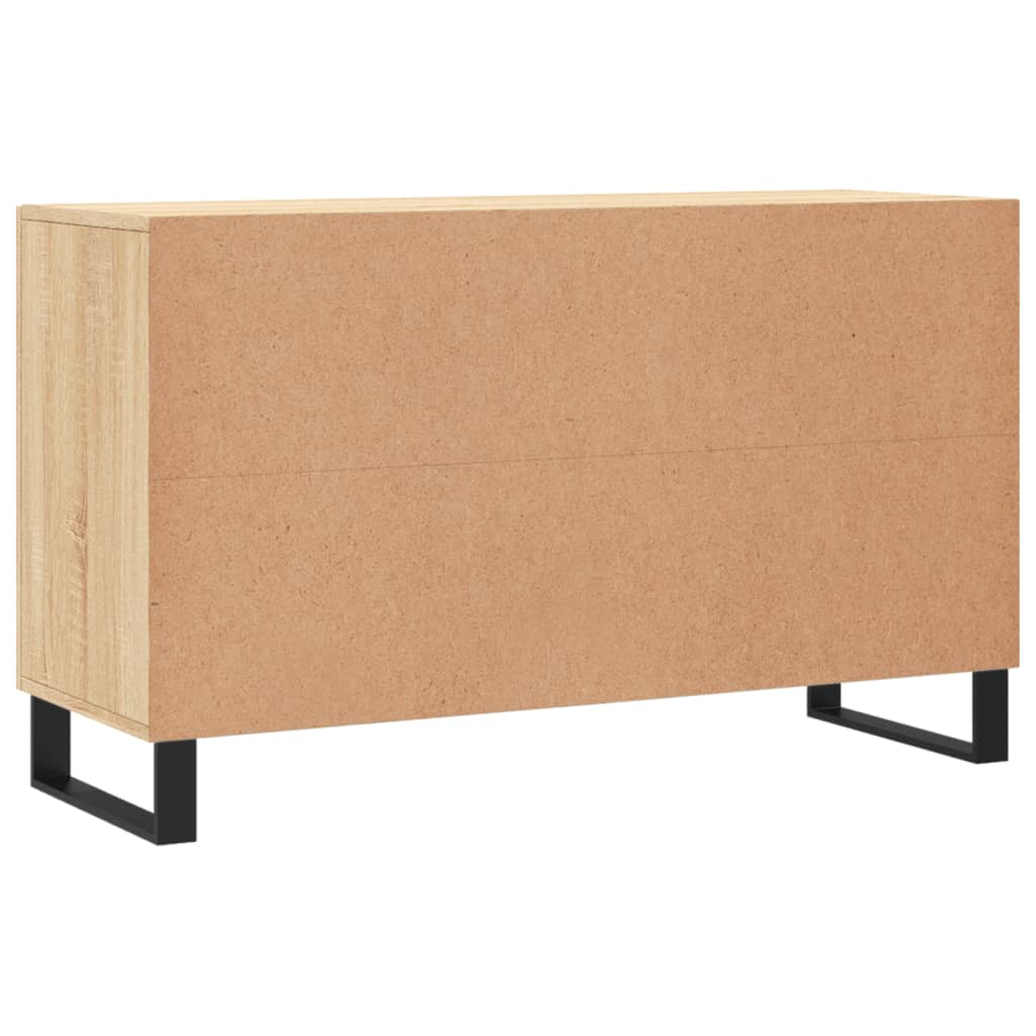 Ein Holzschrank mit schwarzen Metallbeinen. Der Schrank hat eine hellbraune Farbe.