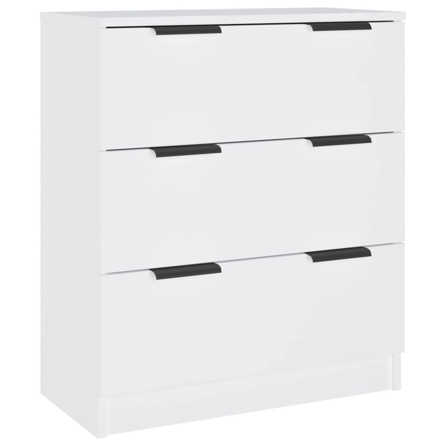 Weißer Schrank mit drei Schubladen und schwarzen Griffen. Die Schubladen haben ein horizontales Design.