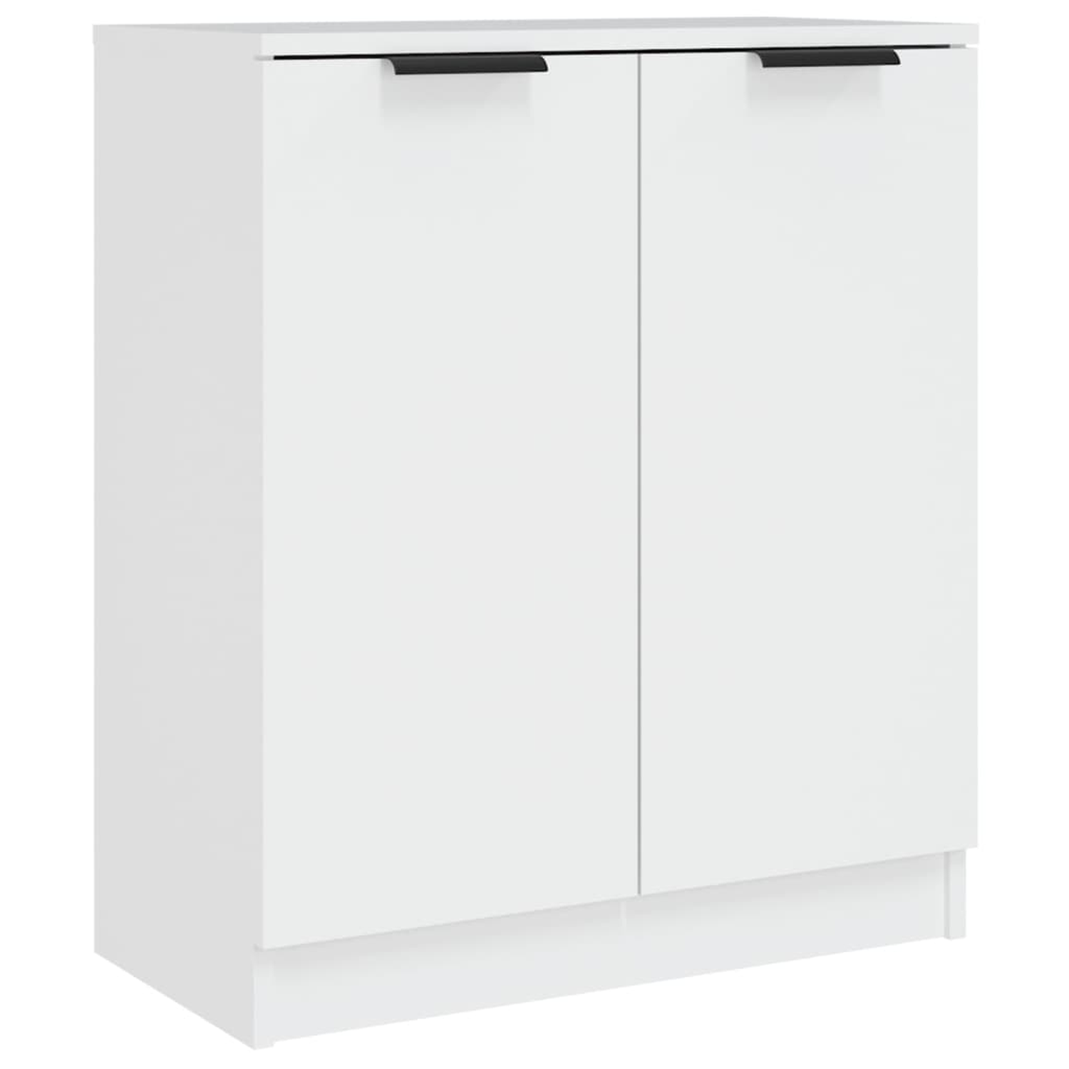 Weißer Schrank mit zwei Türen und schwarzen Griffen. Der Schrank hat ein schlichtes Design.
