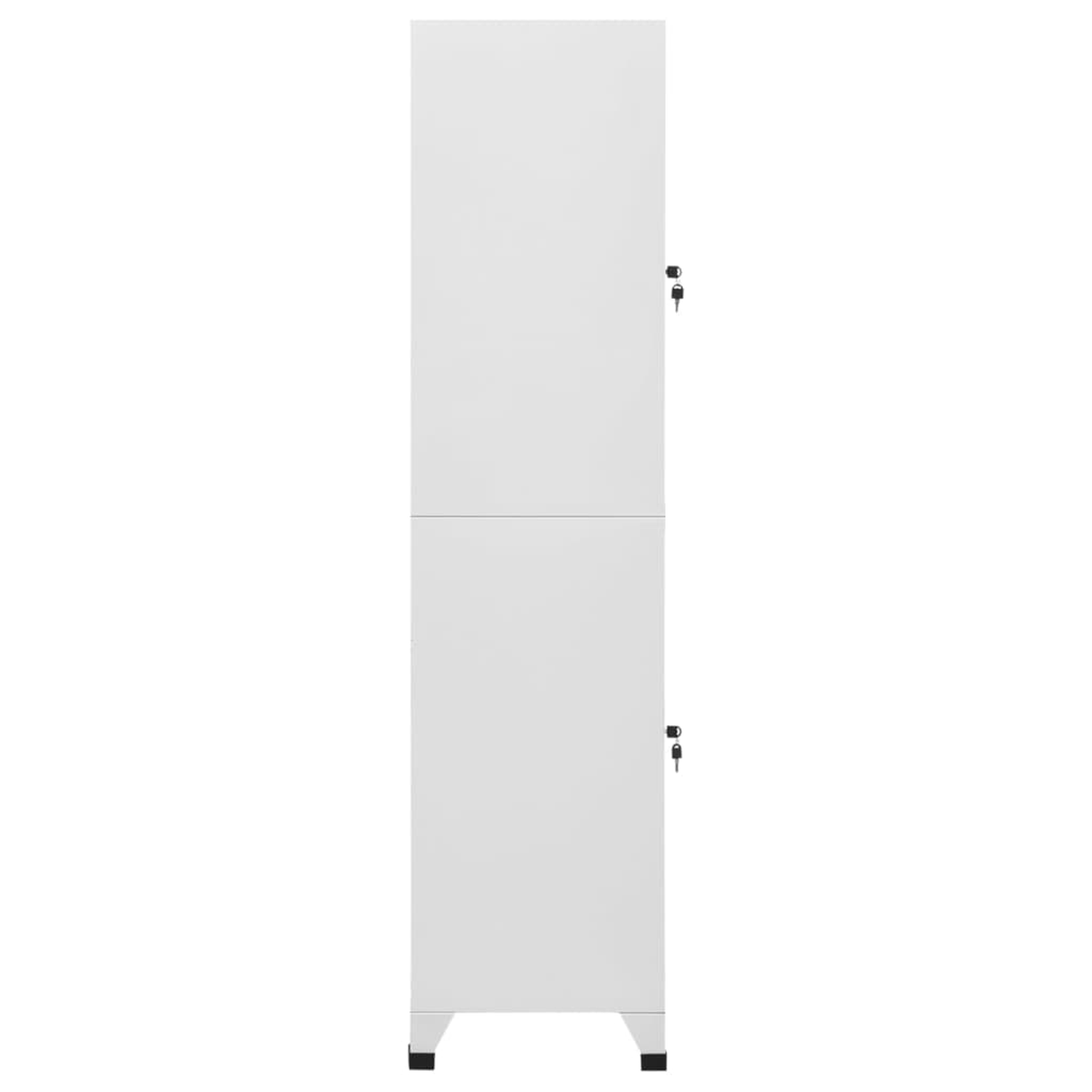 Ein hoher, weißer Schrank mit zwei Türen, jede mit einem Schlüsselschloss rechts.