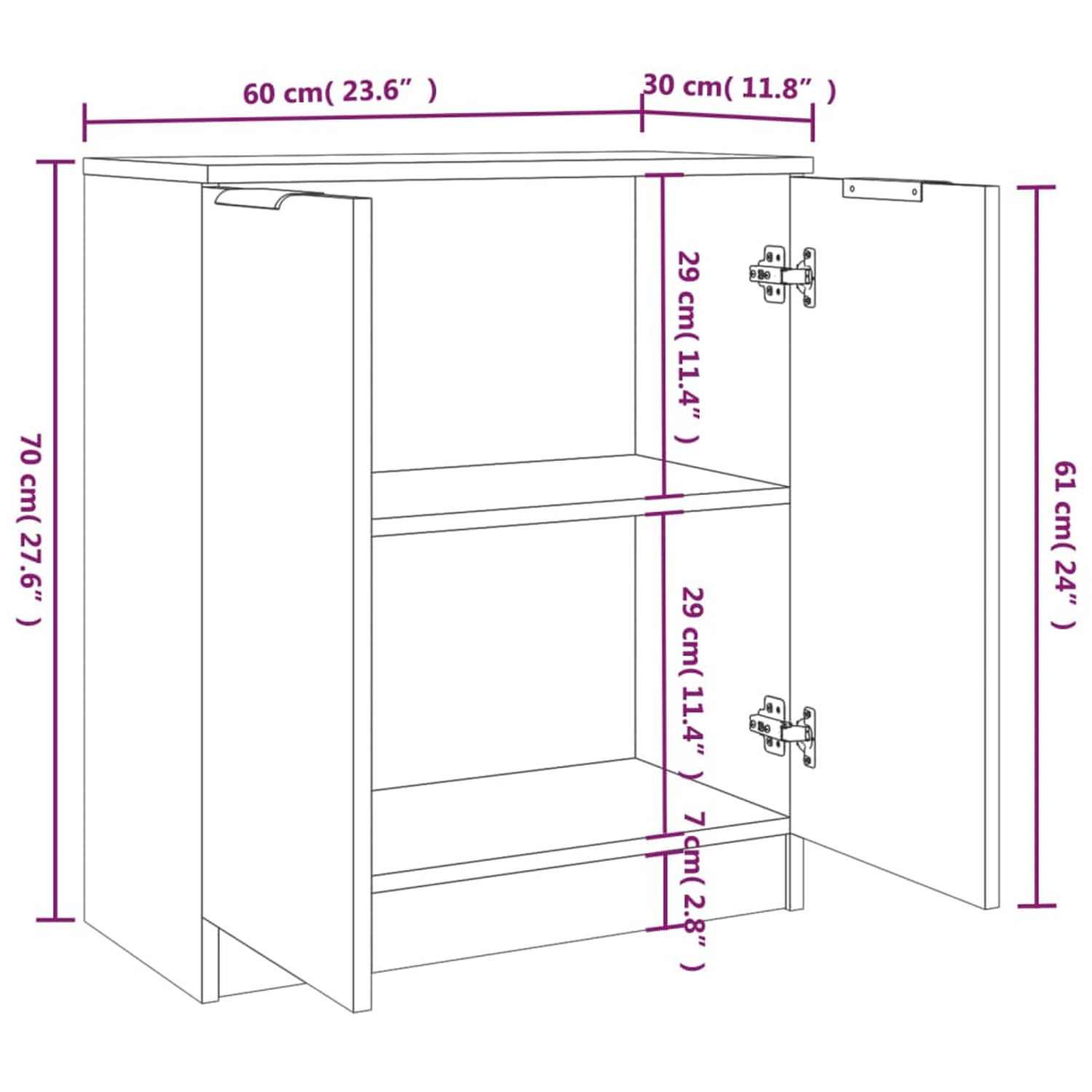 Schrank mit Abmessungen. Der Schrank ist weiß mit zwei Türen, und die Abmessungen sind in cm und Zoll angegeben.