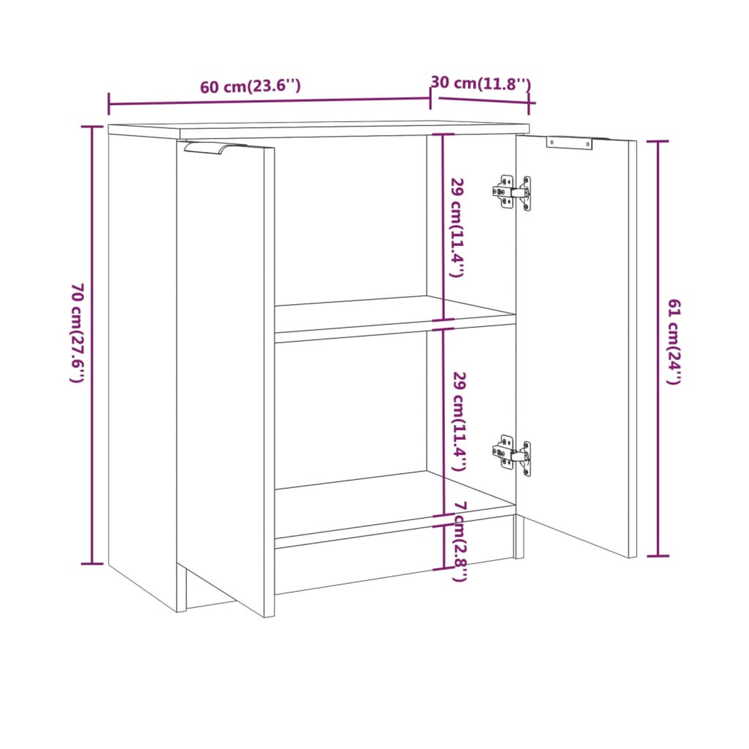 Weißer Schrank mit offenen Türen, zeigt Regale. Maße: 70x60x30 cm, 29x29x7 cm.