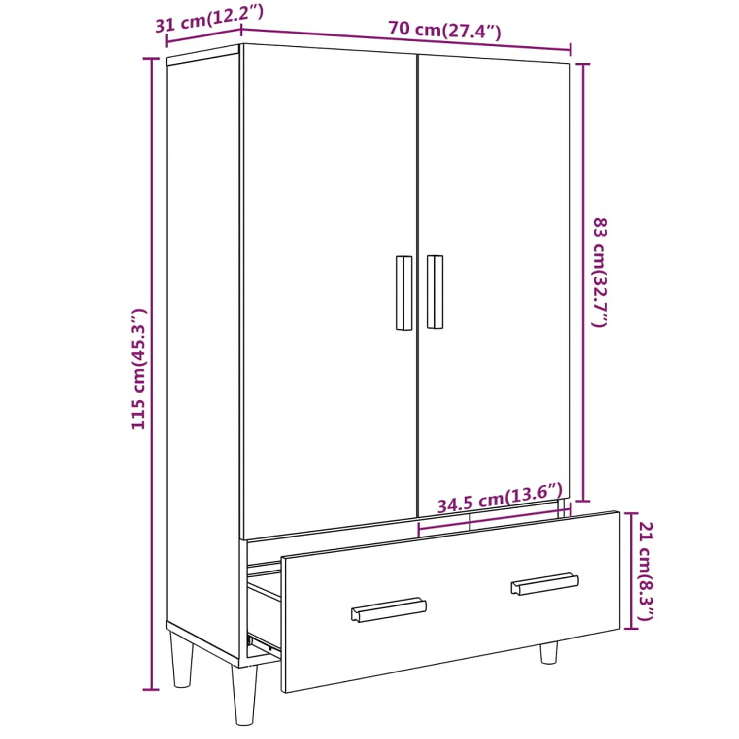 Ein weißer Kleiderschrank mit angegebenen Abmessungen. Er hat zwei Türen und eine Schublade.