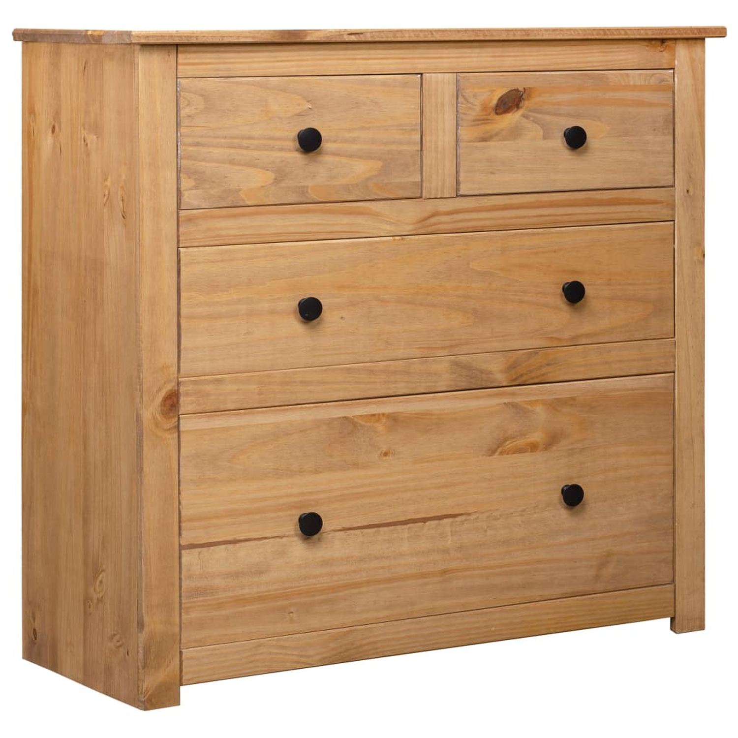 Kommode aus Holz mit vier Schubladen und schwarzen Knöpfen, heller Hintergrund.