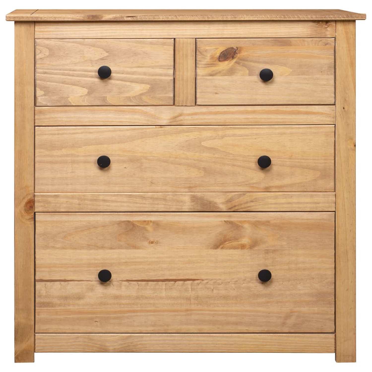 Kommode aus Holz mit vier Schubladen und schwarzen Knöpfen. Natürliche Holzfarbe.