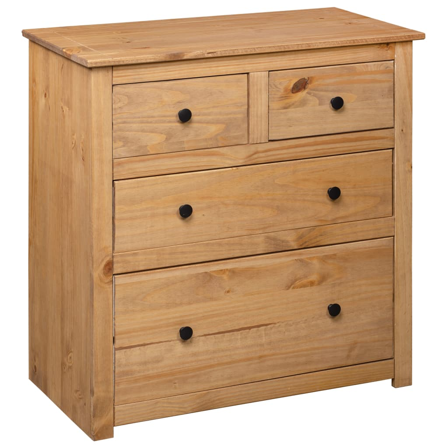 Holzkommode mit zwei kleinen und drei großen Schubladen, schwarze Knöpfe. Die Kommode ist aus Holz.